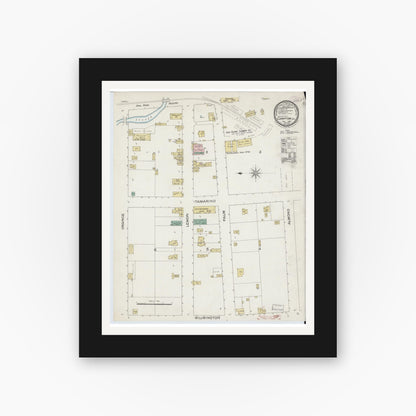 Old map wall art mockup — black gallery frame with white mat — Sanborn Fire Insurance Map from Compton, Los Angeles County, California (1887), Sheet #0001