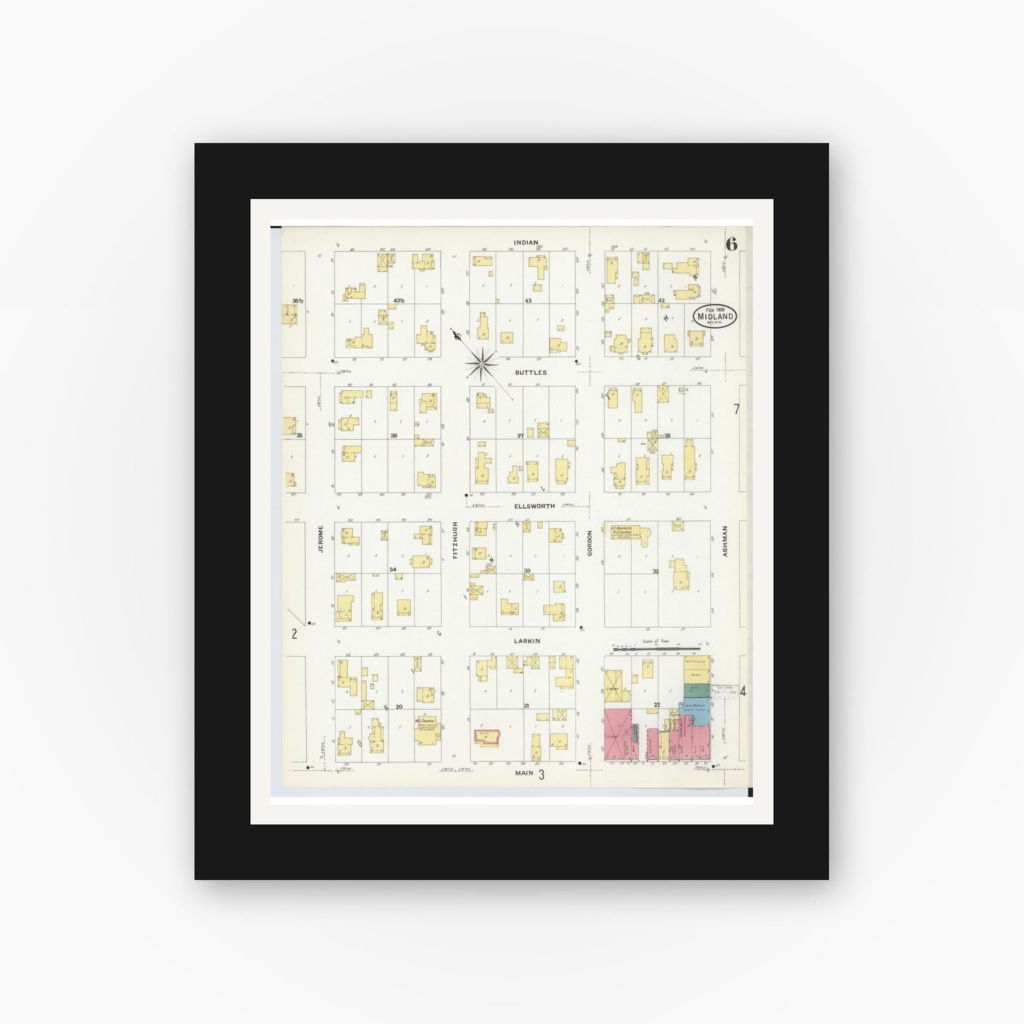 Old map wall art mockup — black gallery frame with white mat — Sanborn Fire Insurance Map from Midland, Midland County, Michigan (1909), Sheet #0006