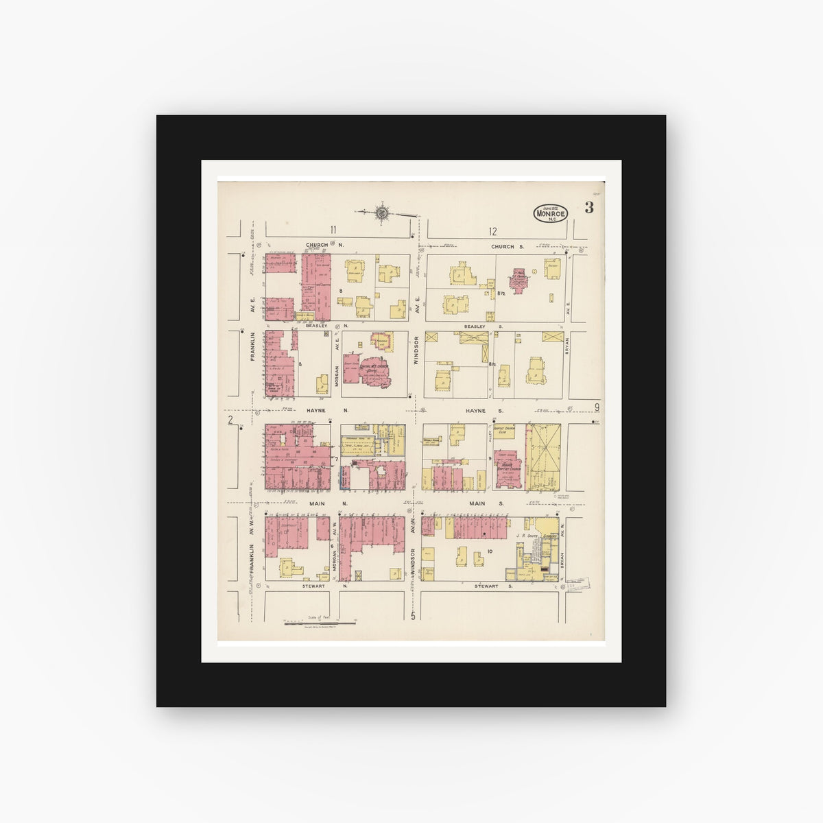 Old map wall art mockup — black gallery frame with white mat — Sanborn Fire Insurance Map from Monroe, Union County, North Carolina (1922), Sheet #0003
