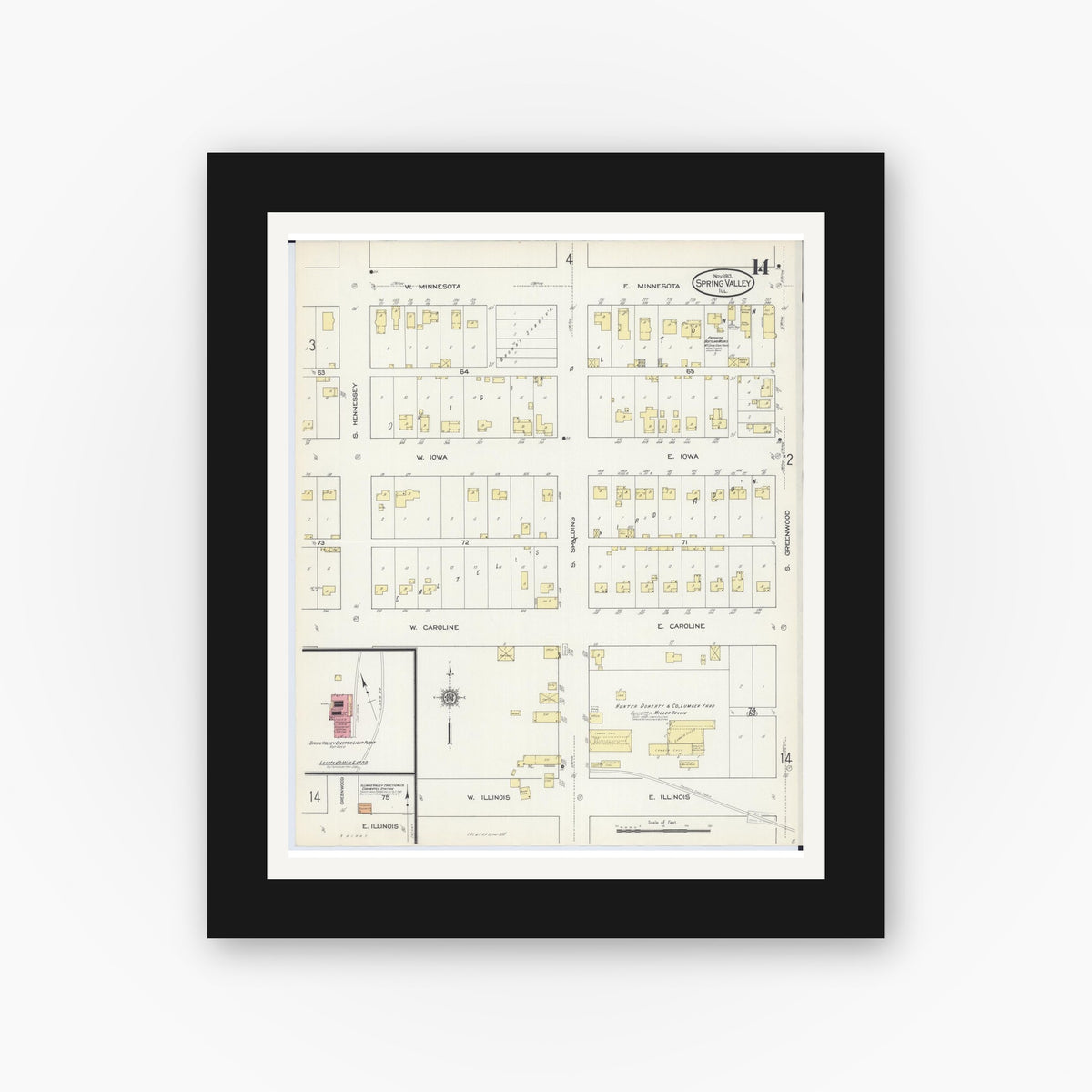 Old map wall art mockup — black gallery frame with white mat — Sanborn Fire Insurance Map from Spring Valley, Bureau County, Illinois (1913), Sheet #0014