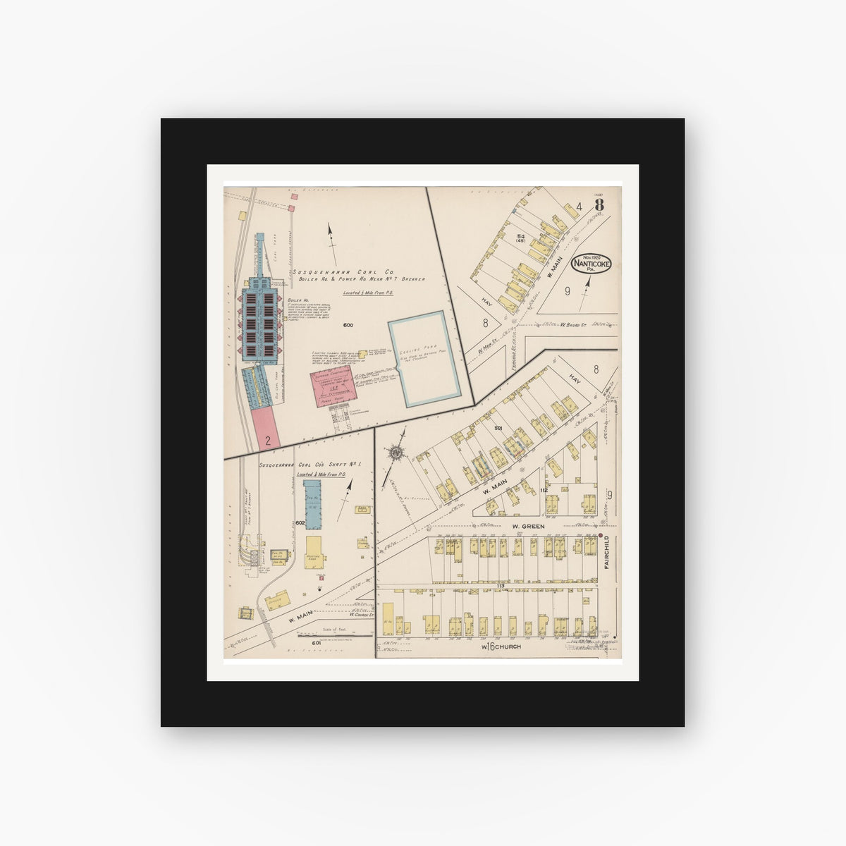 Old map wall art mockup — black gallery frame with white mat — Sanborn Fire Insurance Map from Nanticoke, Luzerne County, Pennsylvania (1920), Sheet #0008