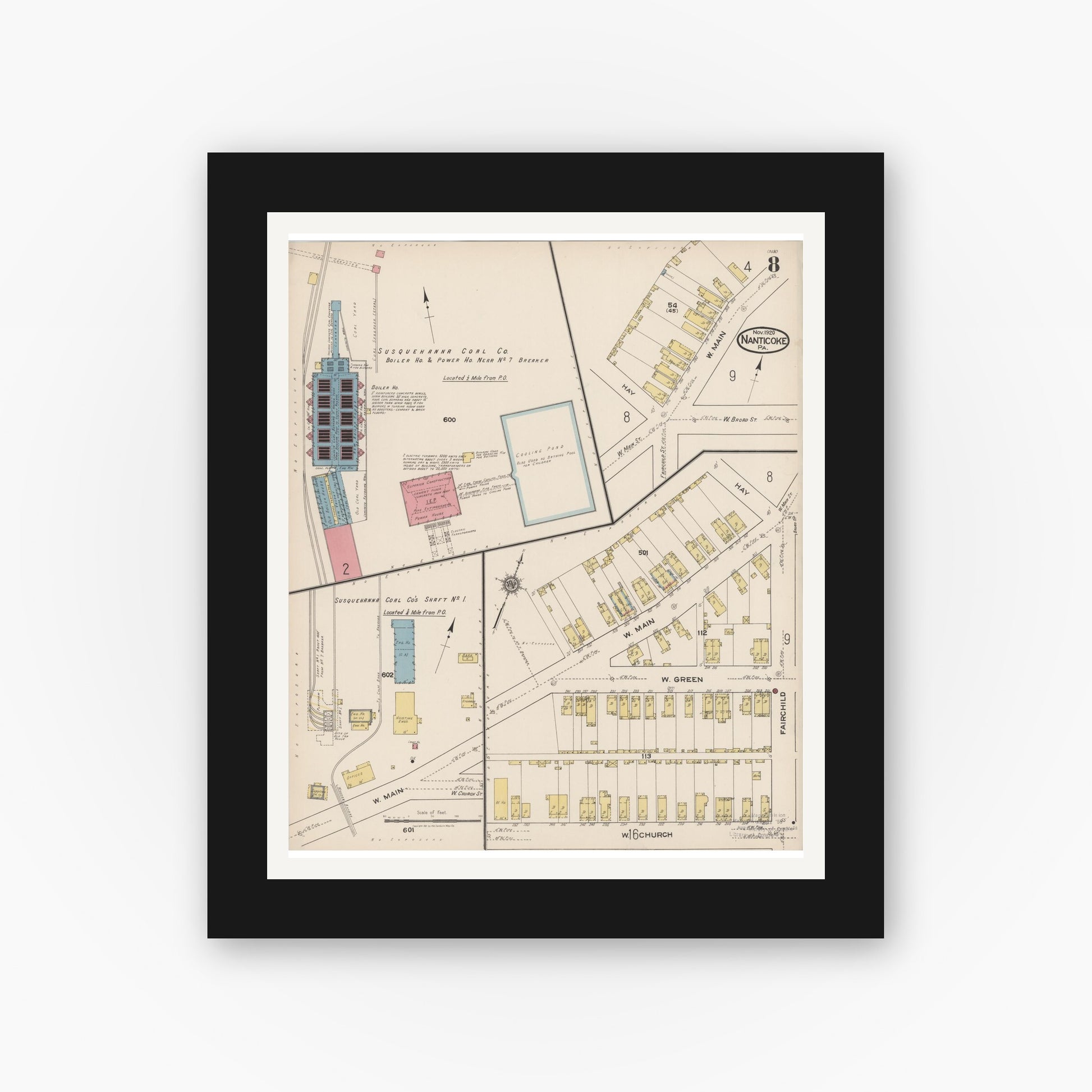 Old map wall art mockup — black gallery frame with white mat — Sanborn Fire Insurance Map from Nanticoke, Luzerne County, Pennsylvania (1920), Sheet #0008