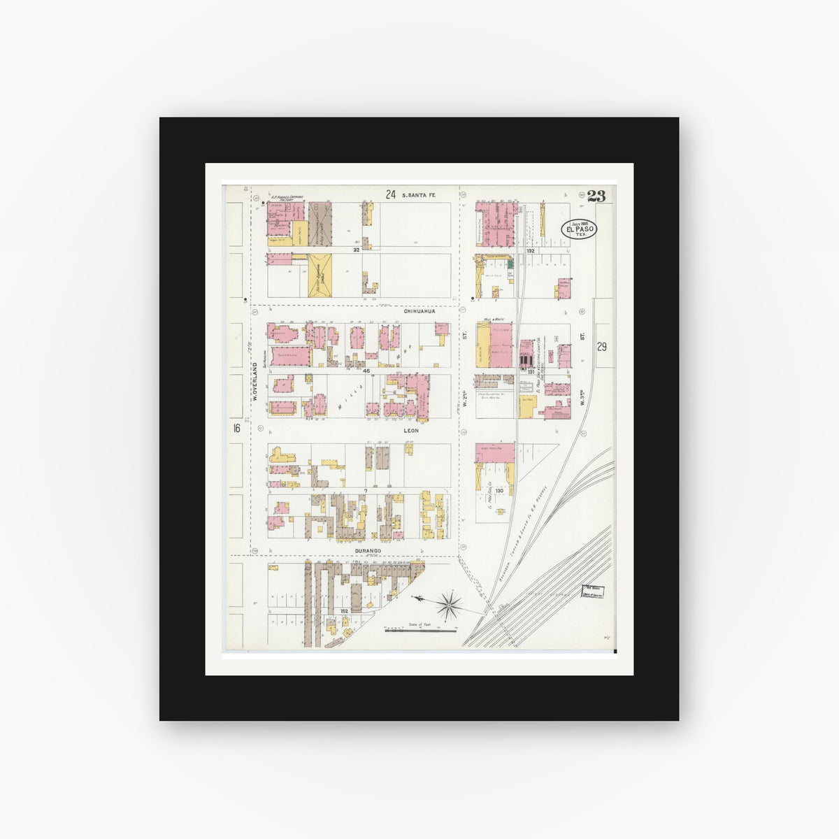 Old map wall art mockup — black gallery frame with white mat — Sanborn Fire Insurance Map from El Paso, El Paso County, Texas (1905), Sheet #0023