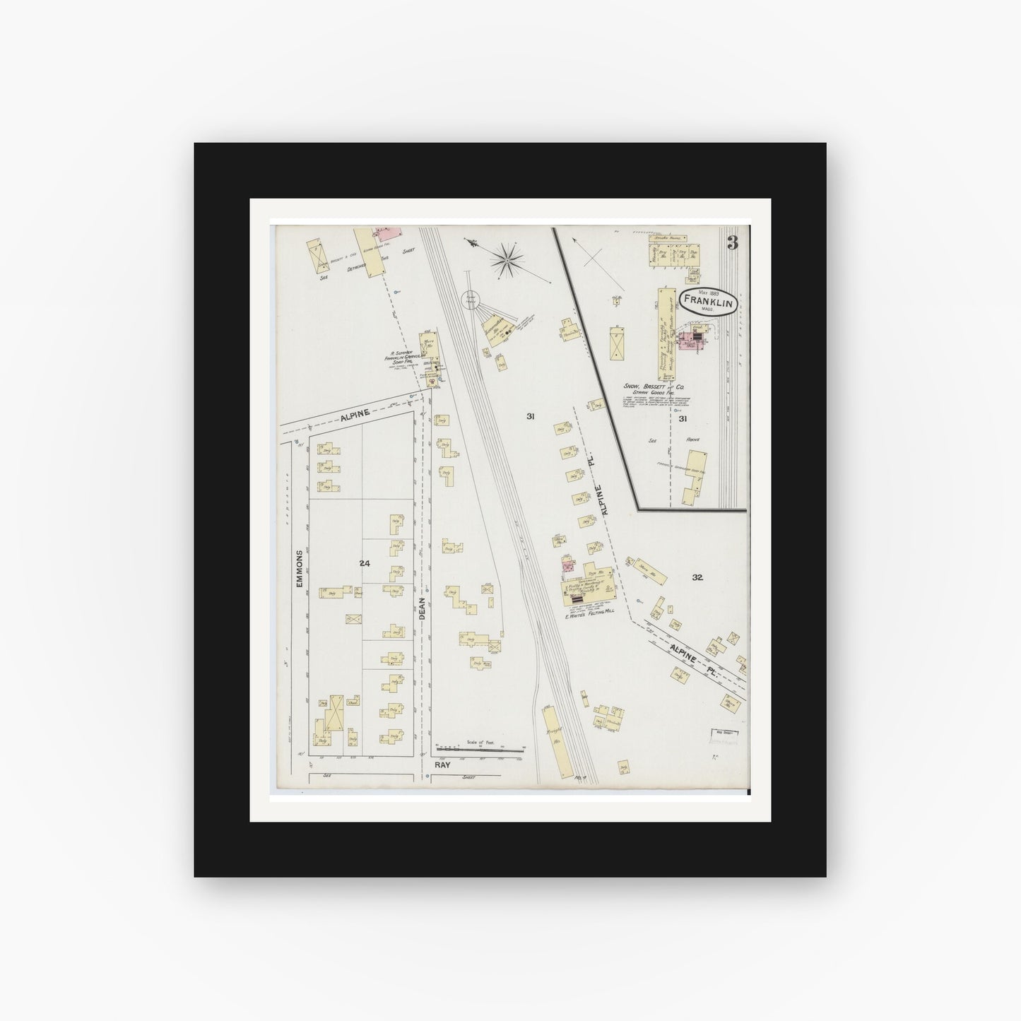 Old map wall art mockup — black gallery frame with white mat — Sanborn Fire Insurance Map from Franklin, Norfolk County, Massachusetts (1889), Sheet #0003