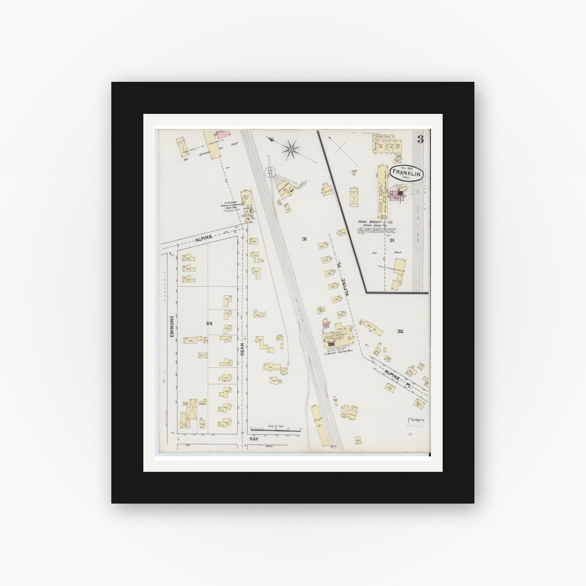 Old map wall art mockup — black gallery frame with white mat — Sanborn Fire Insurance Map from Franklin, Norfolk County, Massachusetts (1889), Sheet #0003
