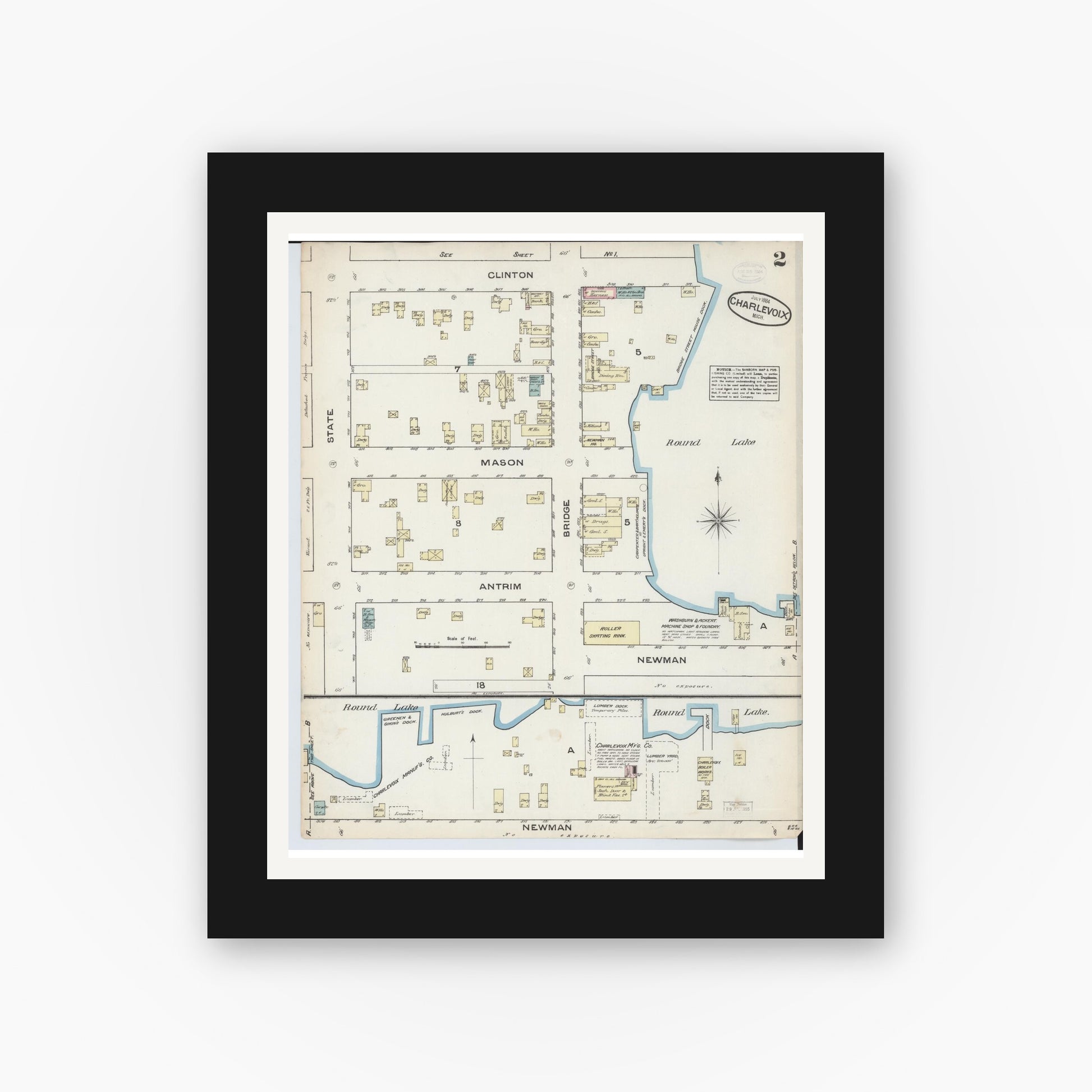 Old map wall art mockup — black gallery frame with white mat — Sanborn Fire Insurance Map from Charlevoix, Charlevoix County, Michigan (1884), Sheet #0002