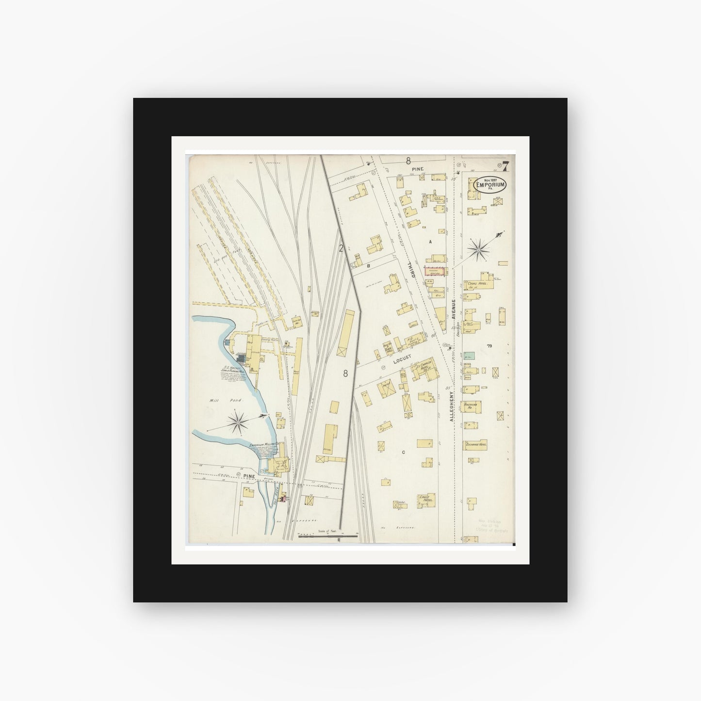 Old map wall art mockup — black gallery frame with white mat — Sanborn Fire Insurance Map from Emporium, Cameron County, Pennsylvania (1897), Sheet #0007