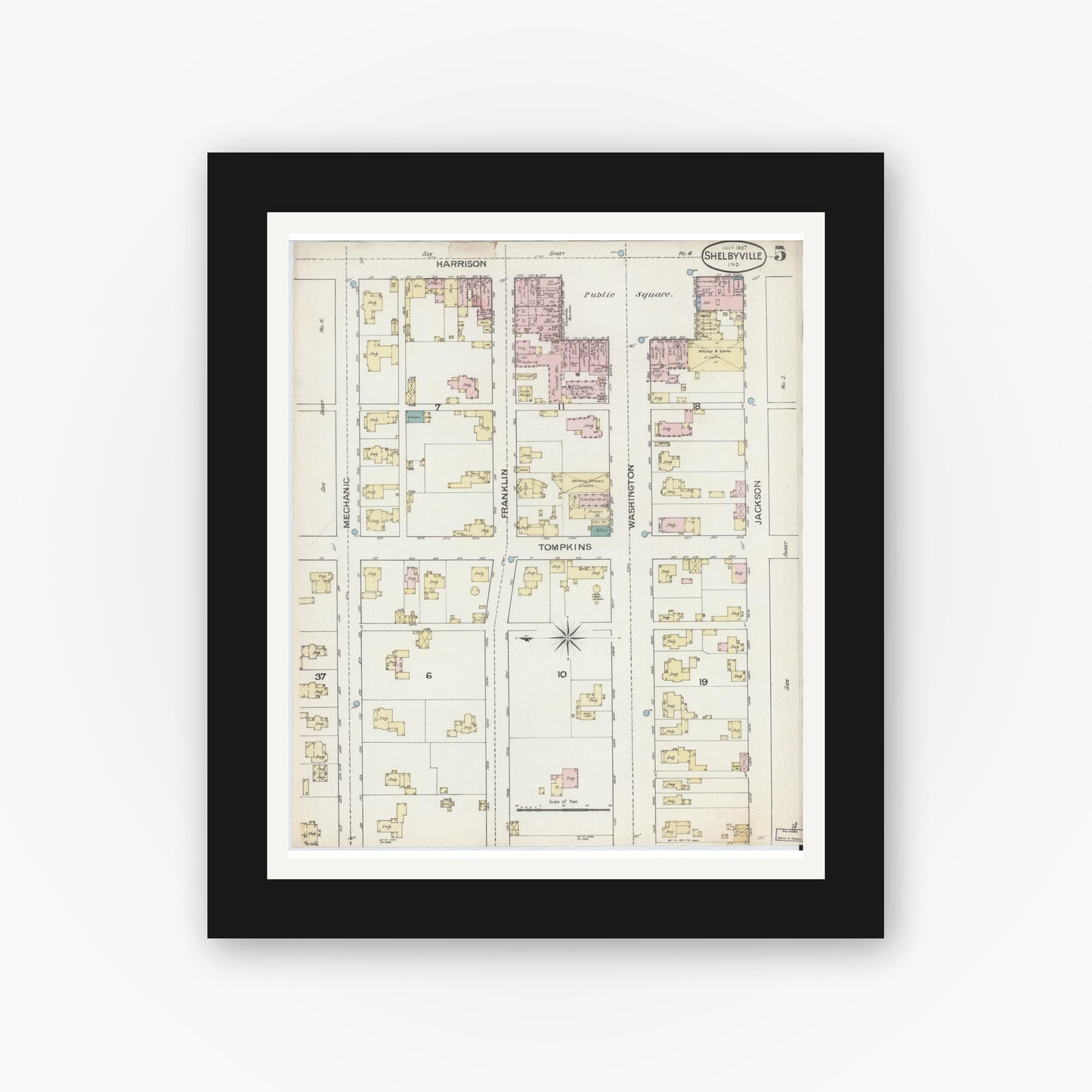 Old map wall art mockup — black gallery frame with white mat — Sanborn Fire Insurance Map from Shelbyville, Shelby County, Indiana (1887), Sheet #0005