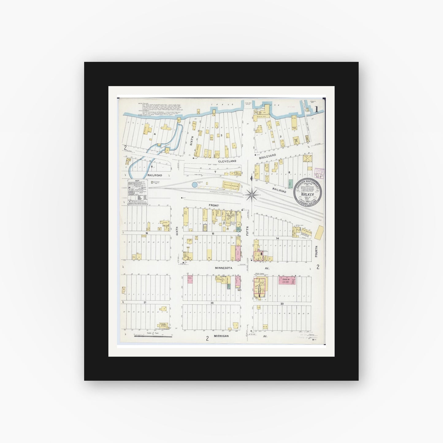 Old map wall art mockup — black gallery frame with white mat — Sanborn Fire Insurance Map from Walker, Cass County, Minnesota (1907) - Complete Map Set