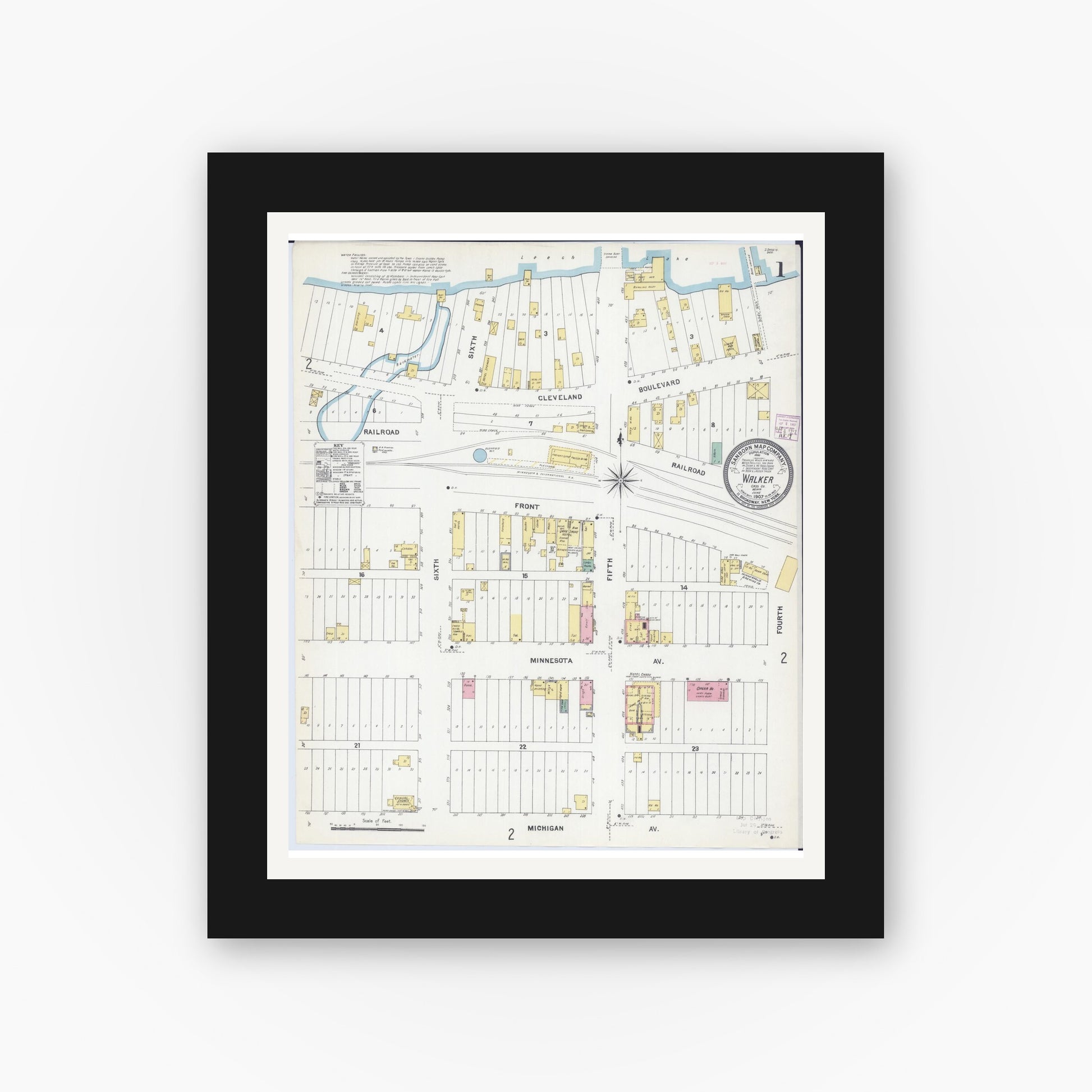 Old map wall art mockup — black gallery frame with white mat — Sanborn Fire Insurance Map from Walker, Cass County, Minnesota (1907) - Complete Map Set