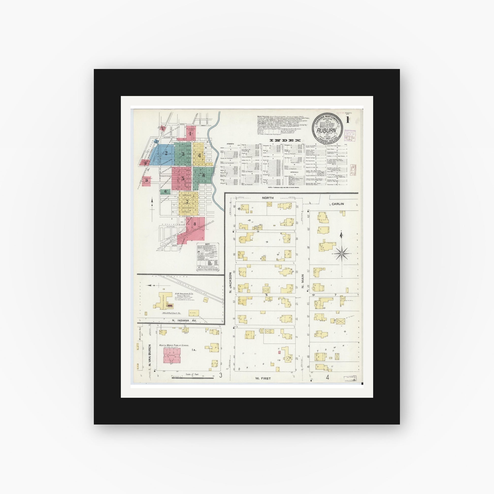 Old map wall art mockup — black gallery frame with white mat — Sanborn Fire Insurance Map from Auburn, De Kalb County, Indiana (1907) - Complete Map Set