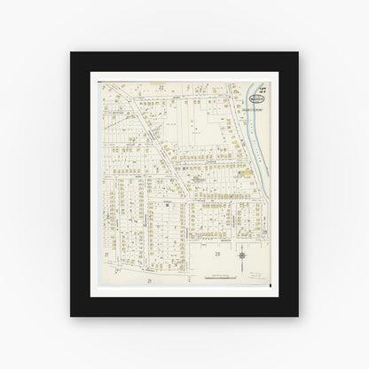 Old map wall art mockup — black gallery frame with white mat — Sanborn Fire Insurance Map from Warren, Trumbull County, Ohio (1915), Sheet #0027
