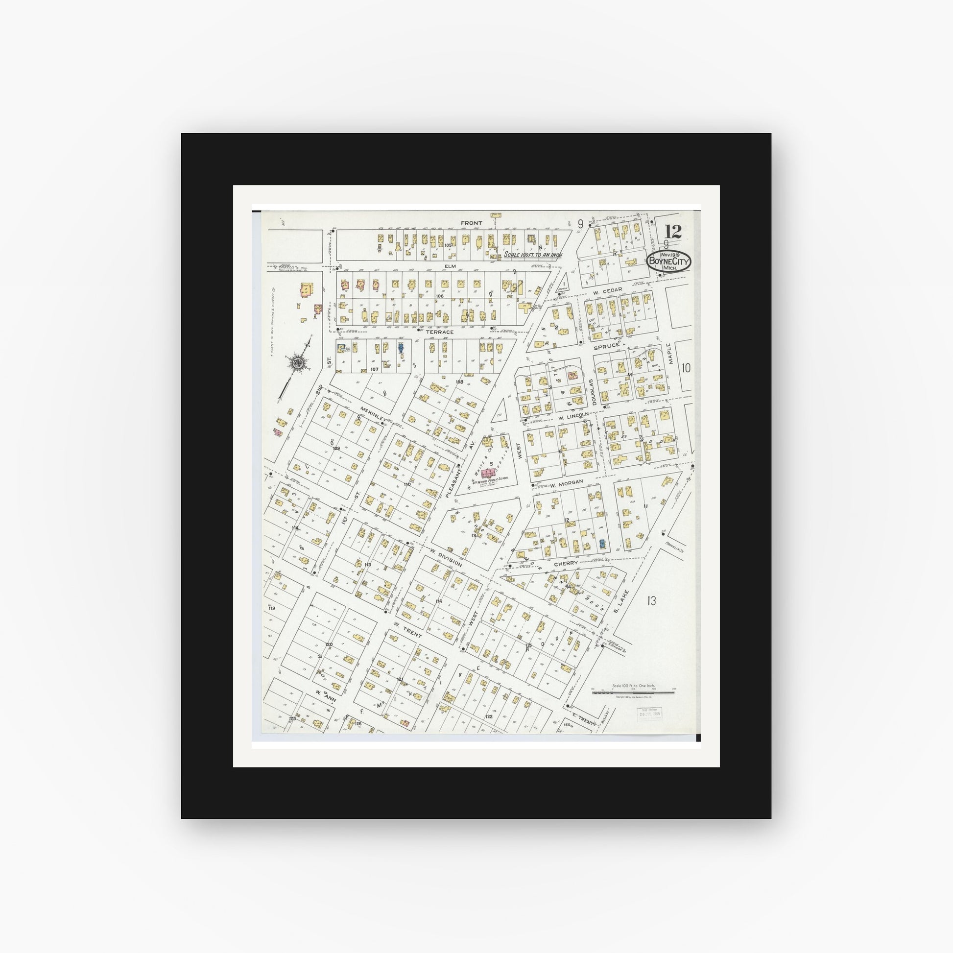 Old map wall art mockup — black gallery frame with white mat — Sanborn Fire Insurance Map from Boyne City, Charlevoix County, Michigan (1919), Sheet #0012