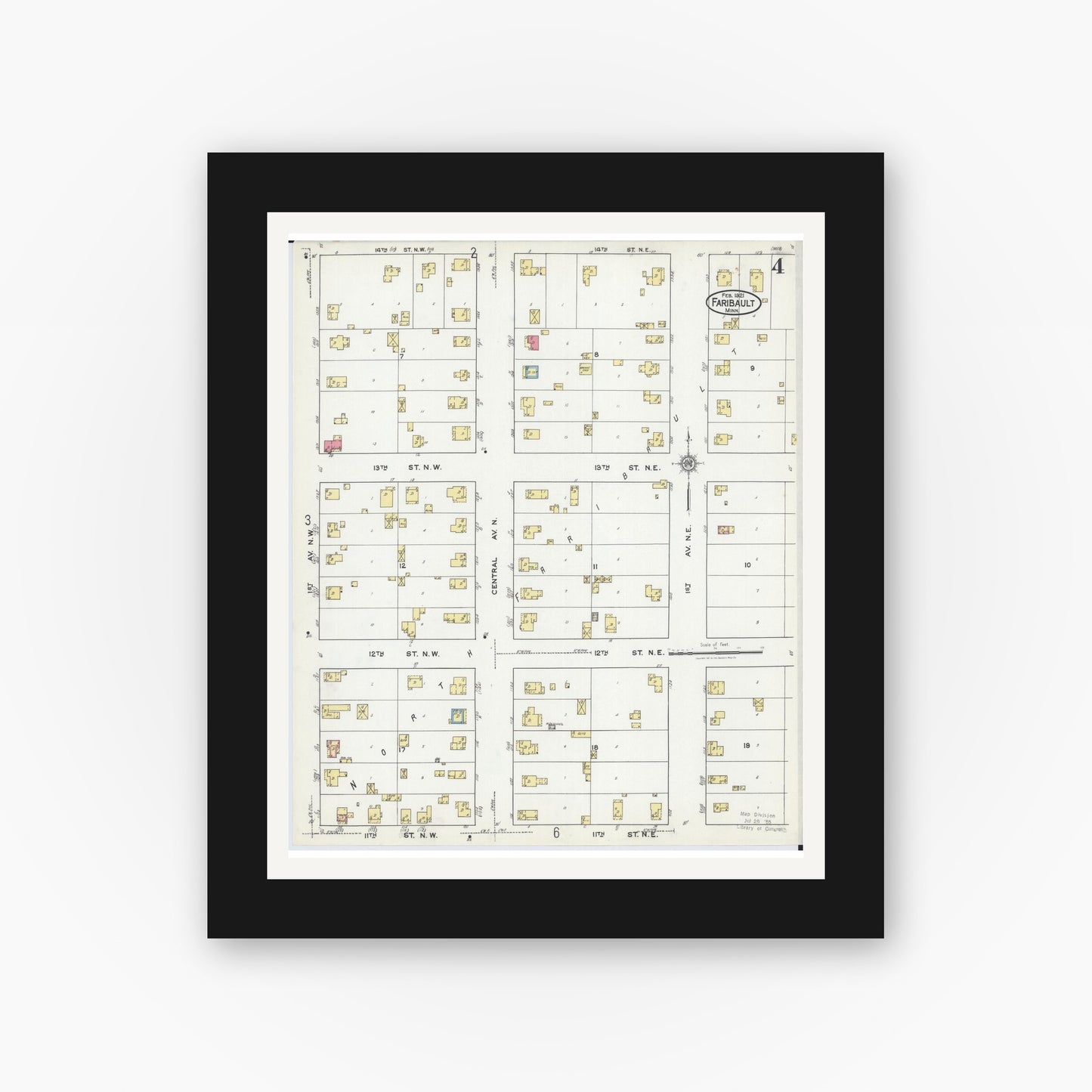 Old map wall art mockup — black gallery frame with white mat — Sanborn Fire Insurance Map from Faribault, Rice County, Minnesota (1921), Sheet #0004