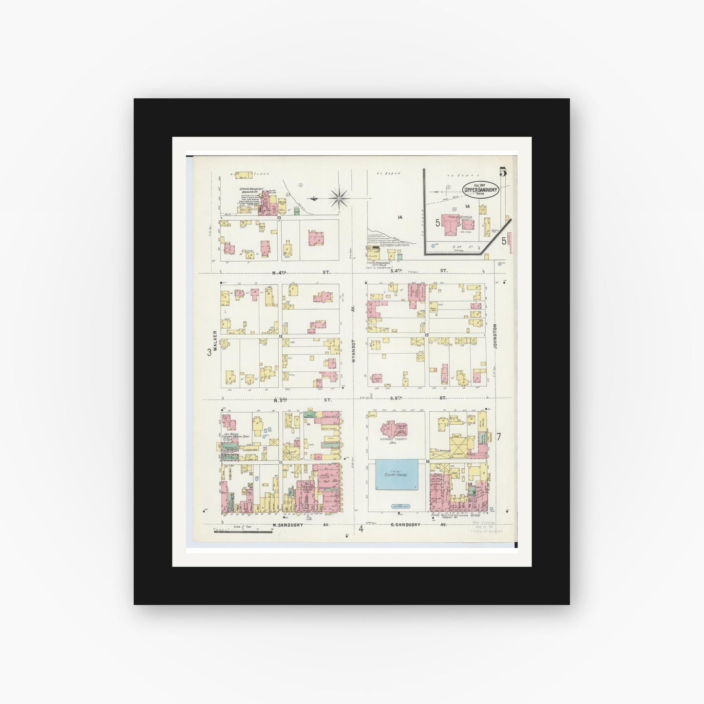 Old map wall art mockup — black gallery frame with white mat — Sanborn Fire Insurance Map from Upper Sandusky, Wyandot County, Ohio (1897), Sheet #0005