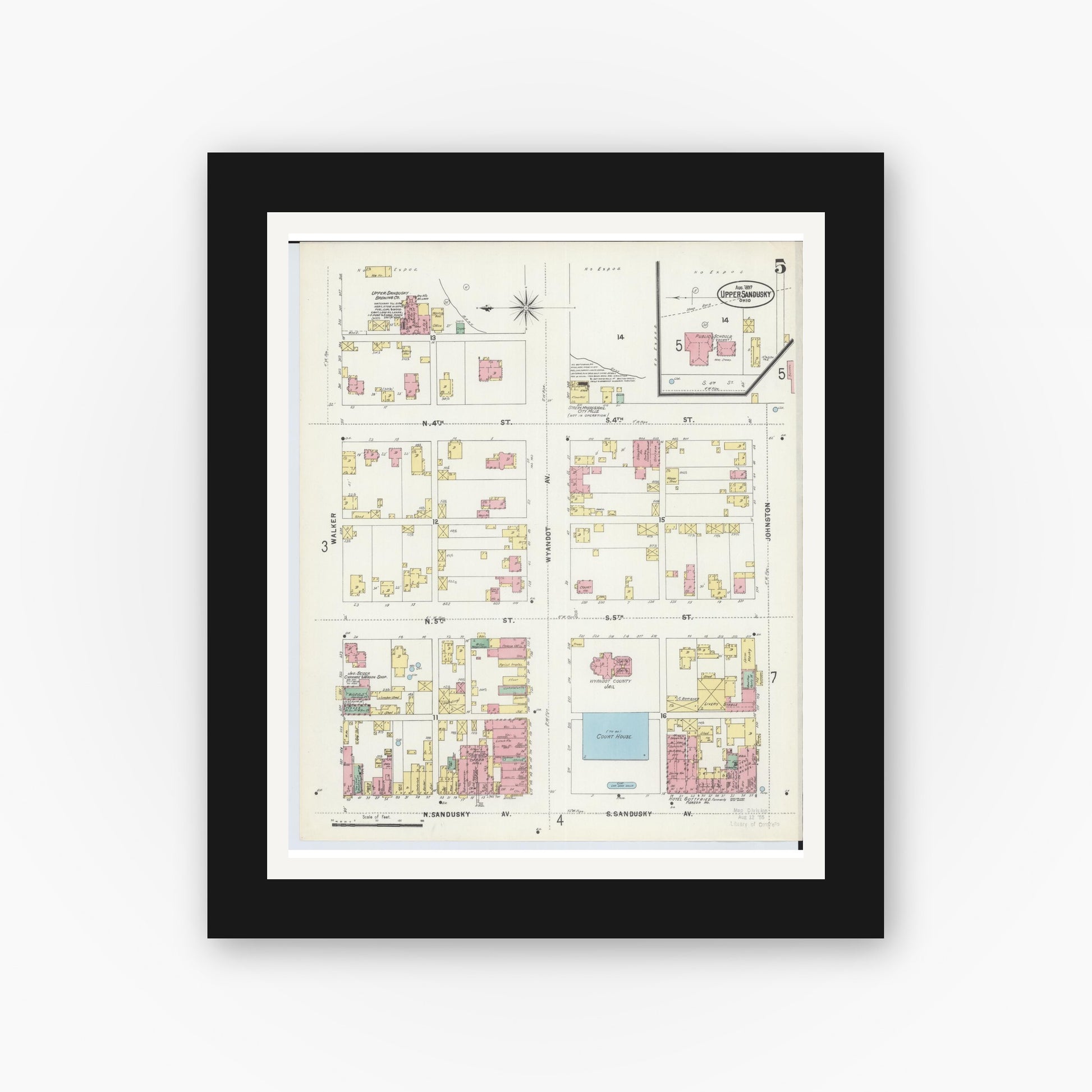 Old map wall art mockup — black gallery frame with white mat — Sanborn Fire Insurance Map from Upper Sandusky, Wyandot County, Ohio (1897), Sheet #0005
