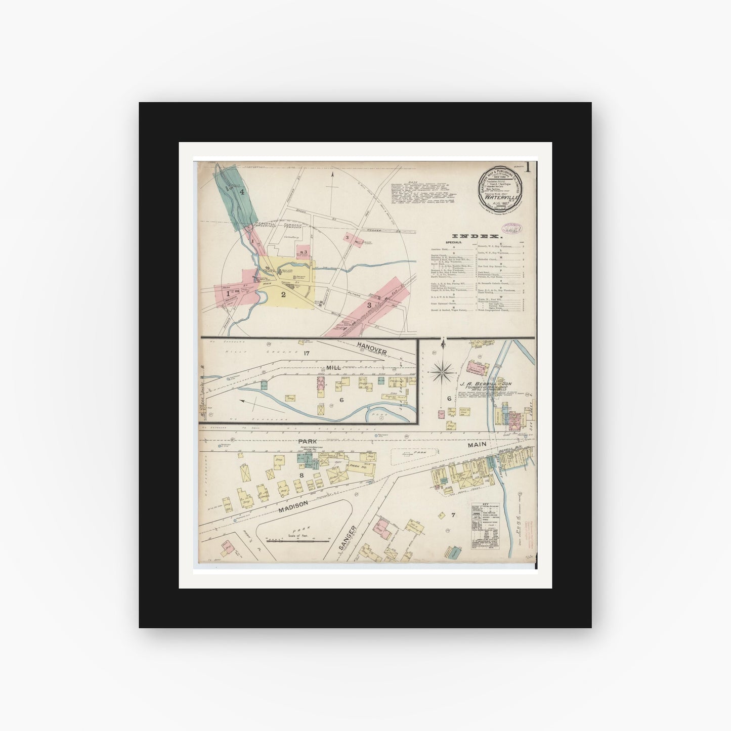 Old map wall art mockup — black gallery frame with white mat — Sanborn Fire Insurance Map from Waterville, Oneida County, New York (1887), Sheet #0001