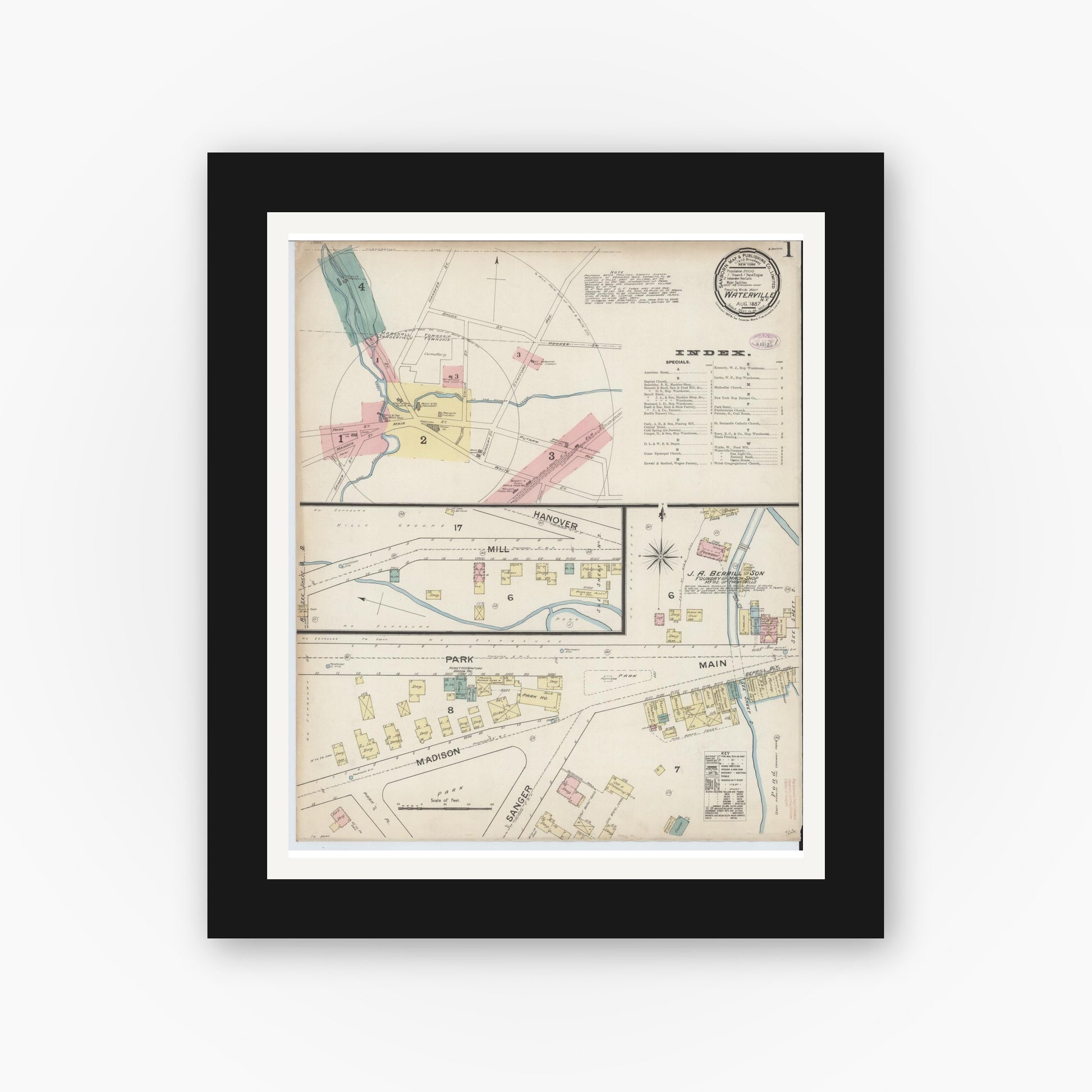 Old map wall art mockup — black gallery frame with white mat — Sanborn Fire Insurance Map from Waterville, Oneida County, New York (1887), Sheet #0001