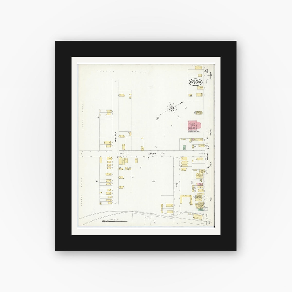Old map wall art mockup — black gallery frame with white mat — Sanborn Fire Insurance Map from Roosevelt, Middlesex County, New Jersey (1908), Sheet #0004