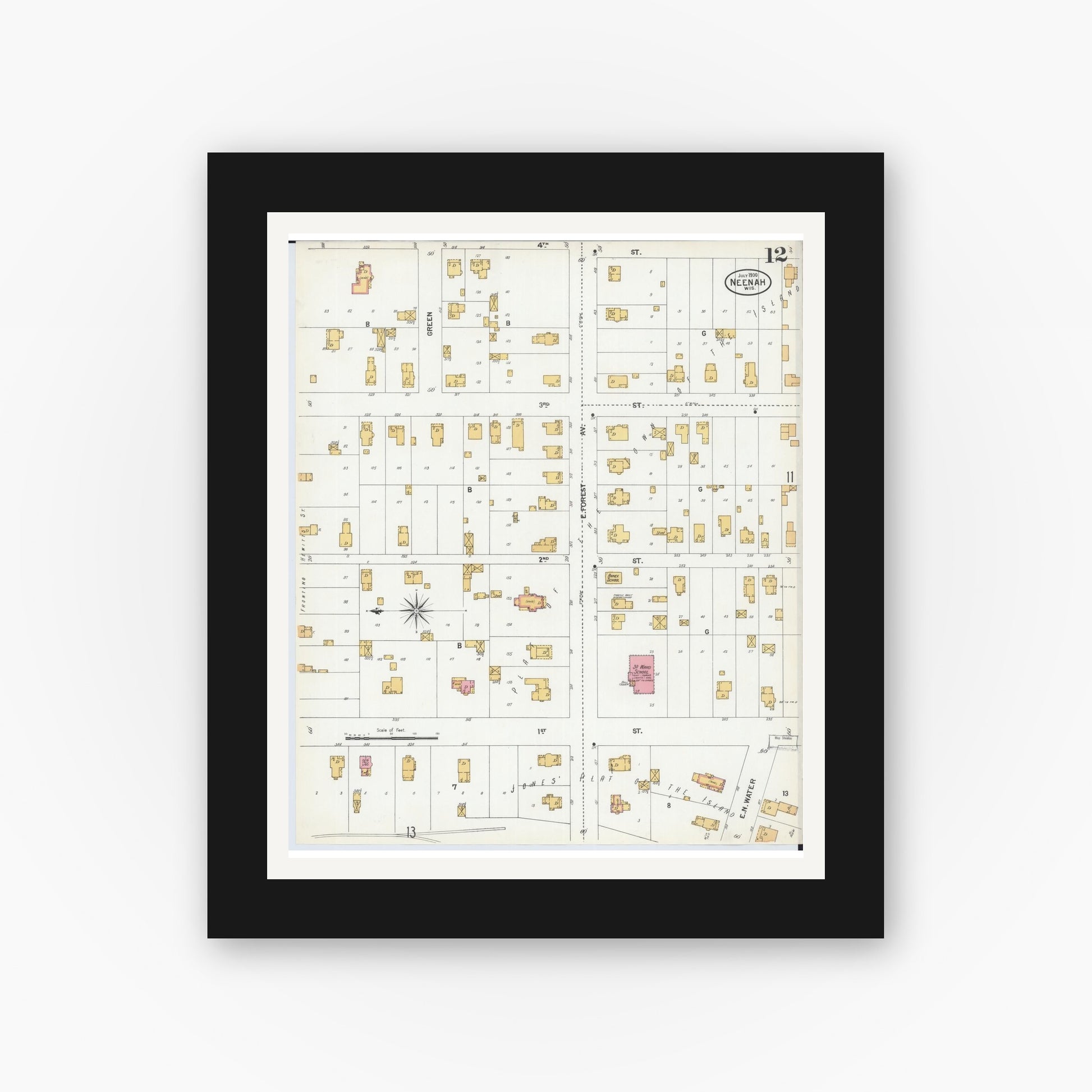 Old map wall art mockup — black gallery frame with white mat — Sanborn Fire Insurance Map from Neenah, Winnebago County, Wisconsin (1900), Sheet #0012