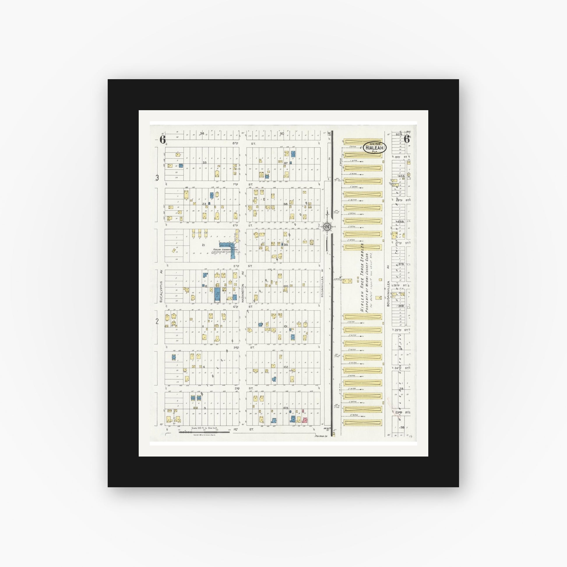Old map wall art mockup — black gallery frame with white mat — Sanborn Fire Insurance Map from Hialeah, Dade County, Florida (1926), Sheet #0006