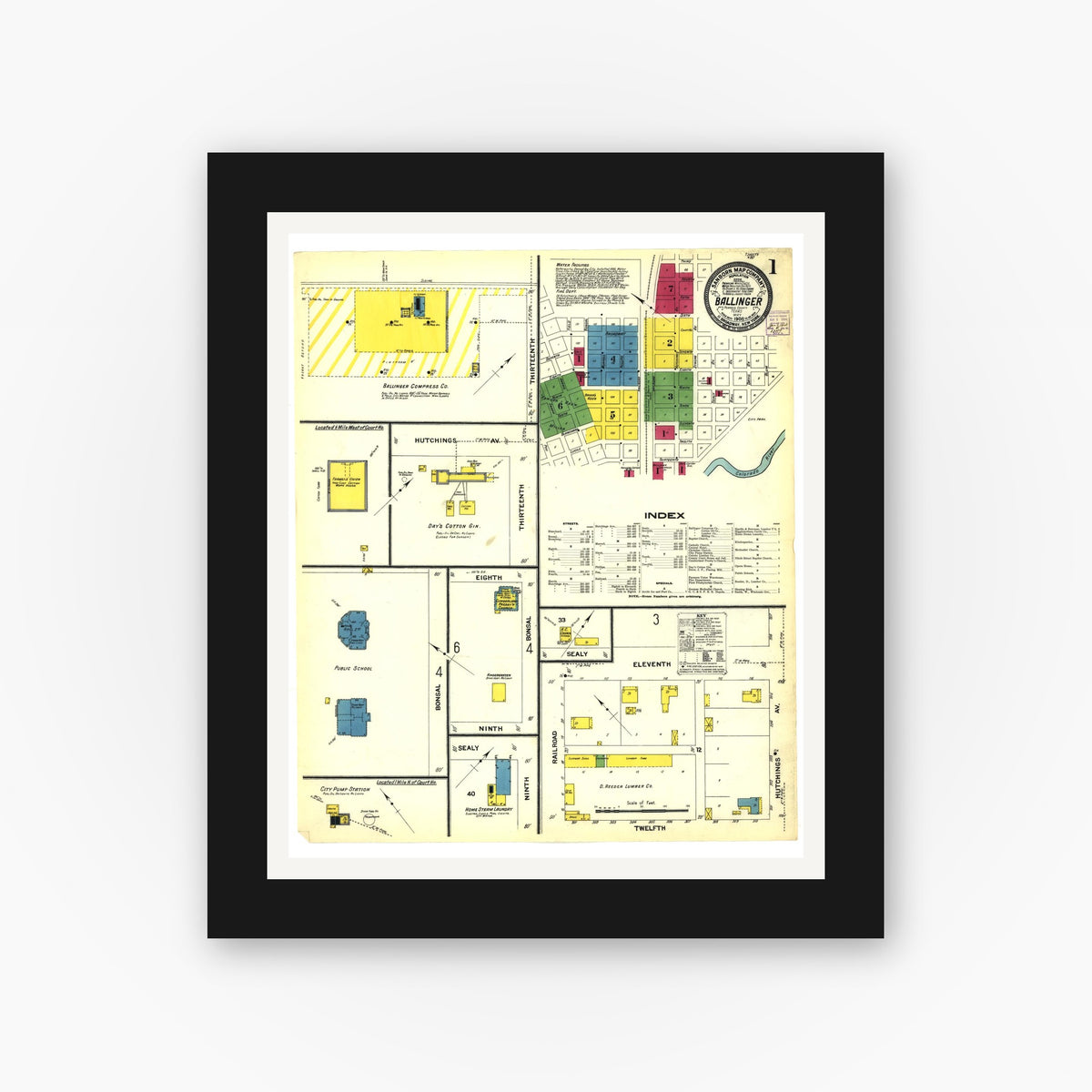 Old map wall art mockup — black gallery frame with white mat — Sanborn Fire Insurance Map from Ballinger, Runnels County, Texas (1908), Sheet #0001