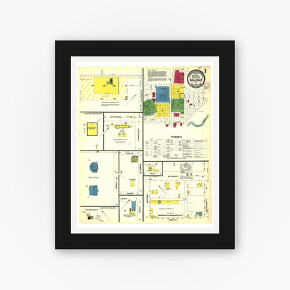 Old map wall art mockup — black gallery frame with white mat — Sanborn Fire Insurance Map from Ballinger, Runnels County, Texas (1908), Sheet #0001
