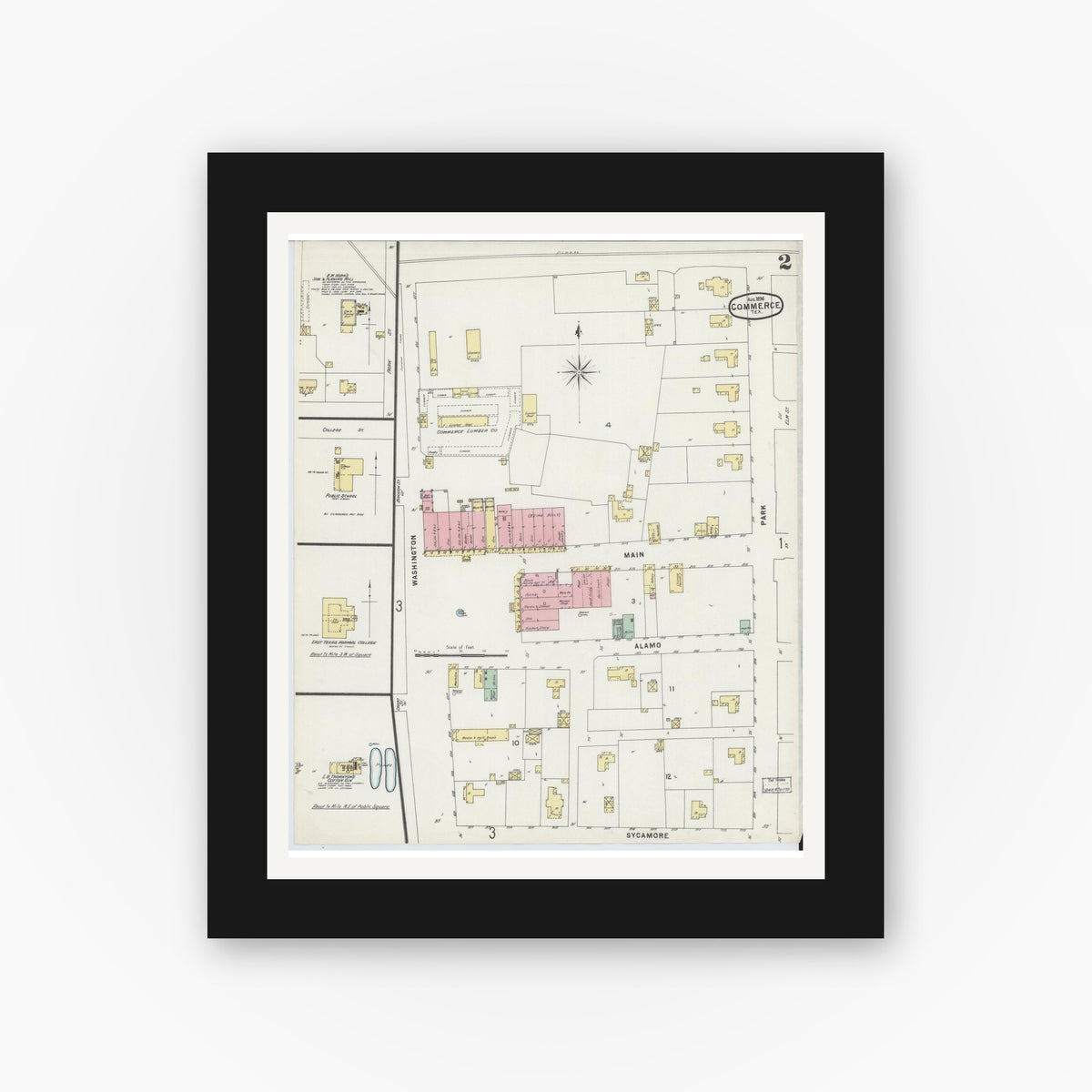 Old map wall art mockup — black gallery frame with white mat — Sanborn Fire Insurance Map from Commerce, Hunt County, Texas (1896), Sheet #0002