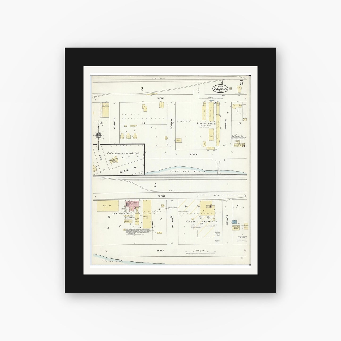 Old map wall art mockup — black gallery frame with white mat — Sanborn Fire Insurance Map from Colorado, Mitchell County, Texas (1914), Sheet #0005