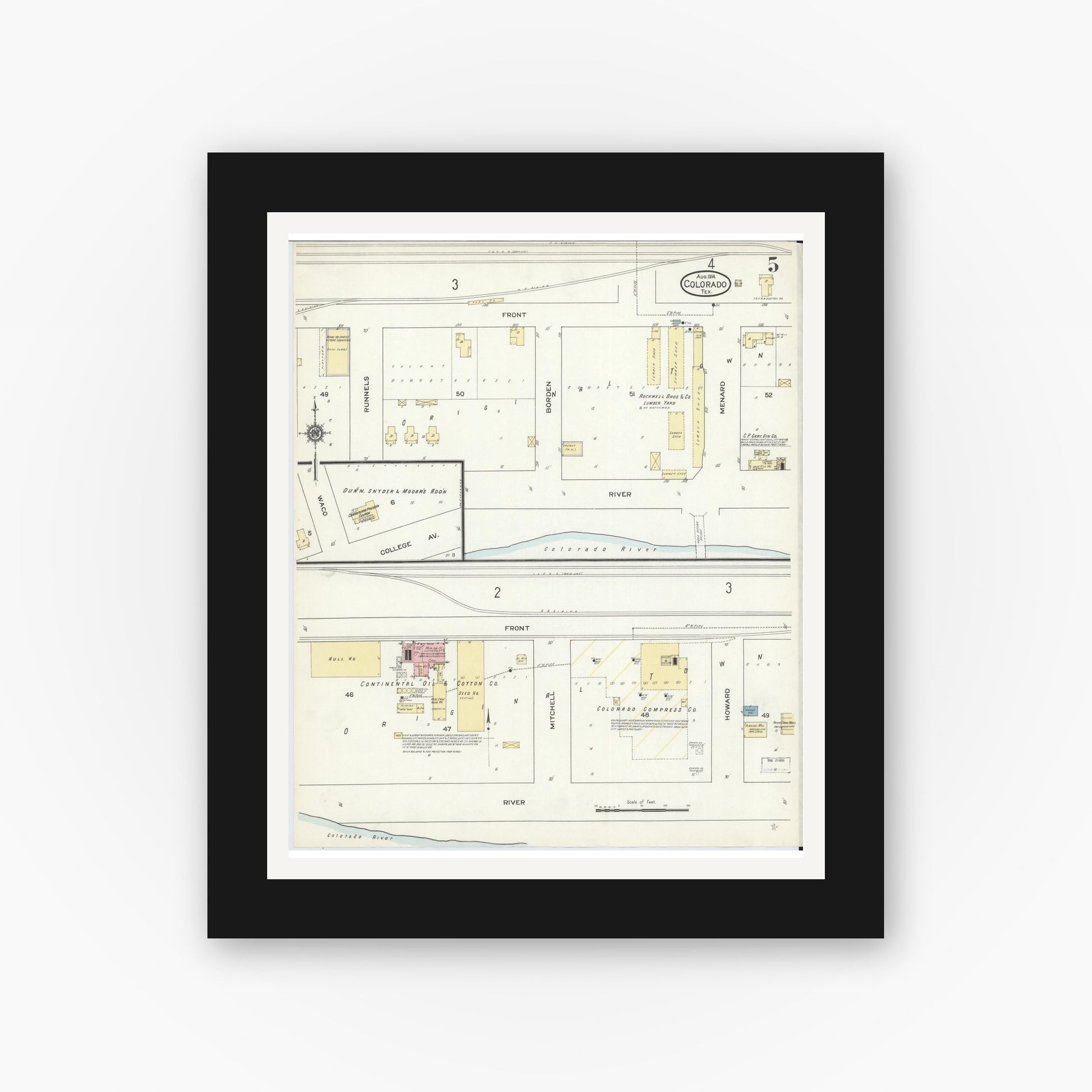 Old map wall art mockup — black gallery frame with white mat — Sanborn Fire Insurance Map from Colorado, Mitchell County, Texas (1914), Sheet #0005