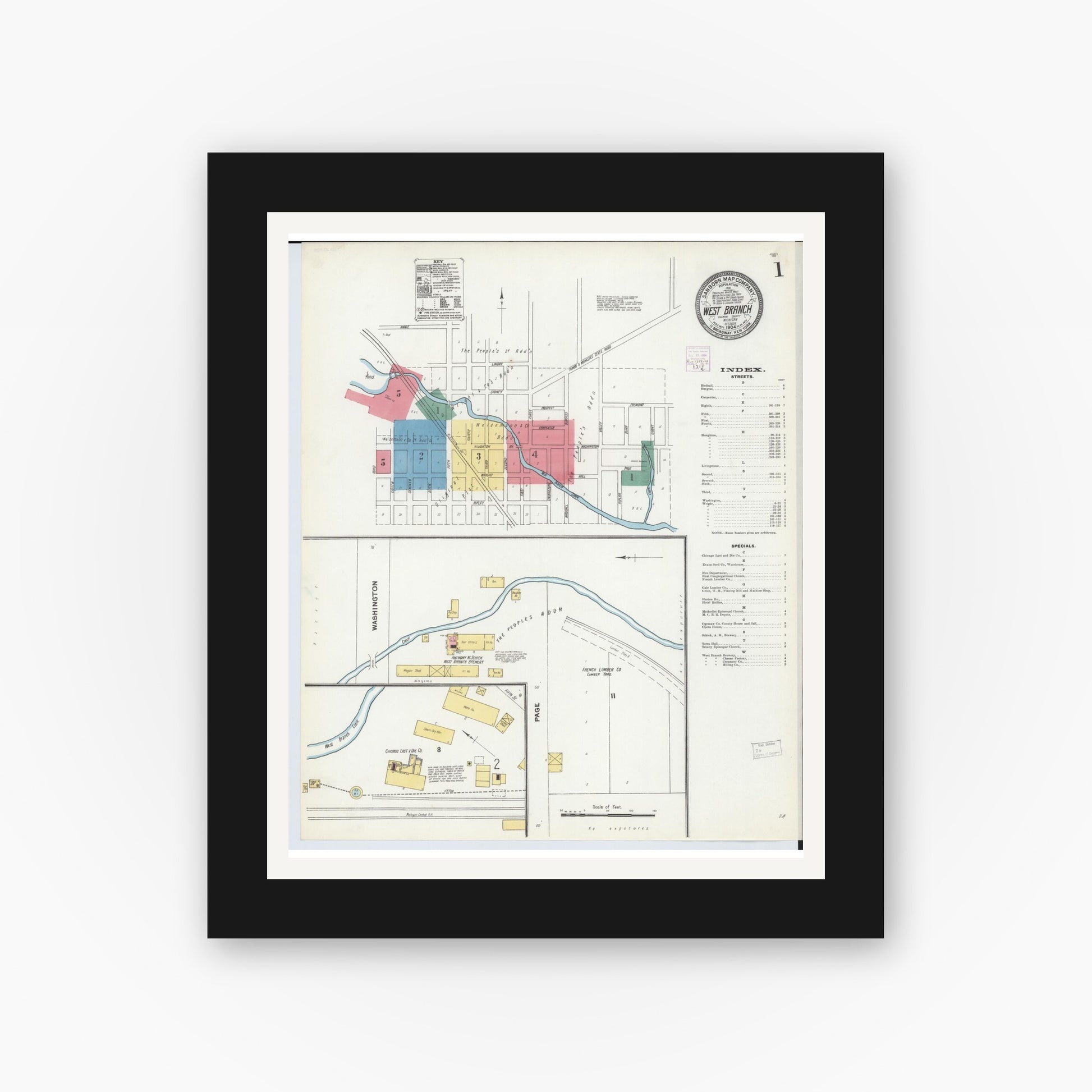 Old map wall art mockup — black gallery frame with white mat — Sanborn Fire Insurance Map from West Branch, Ogemaw County, Michigan (1904) - Complete Map Set