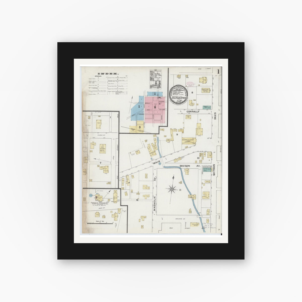 Old map wall art mockup — black gallery frame with white mat — Sanborn Fire Insurance Map from Sulphur Springs, Hopkins County, Texas (1888), Sheet #0001