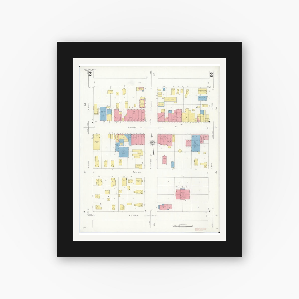 Old map wall art mockup — black gallery frame with white mat — Sanborn Fire Insurance Map from Paw Paw, Van Buren County, Michigan (1934), Sheet #0002