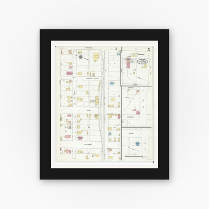 Old map wall art mockup — black gallery frame with white mat — Sanborn Fire Insurance Map from Shakopee, Scott County, Minnesota (1910), Sheet #0005