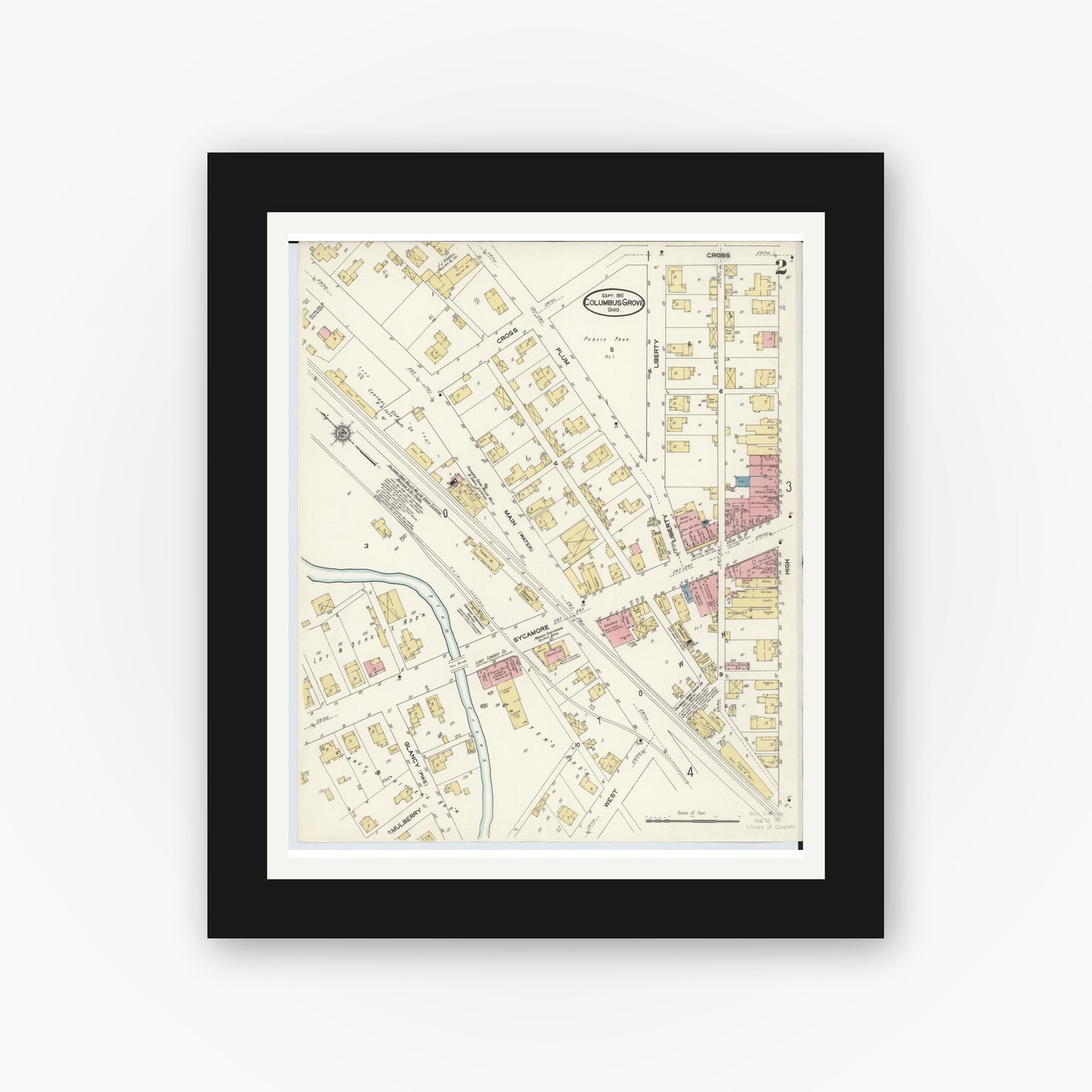 Old map wall art mockup — black gallery frame with white mat — Sanborn Fire Insurance Map from Columbus Grove, Putnam County, Ohio (1911), Sheet #0002