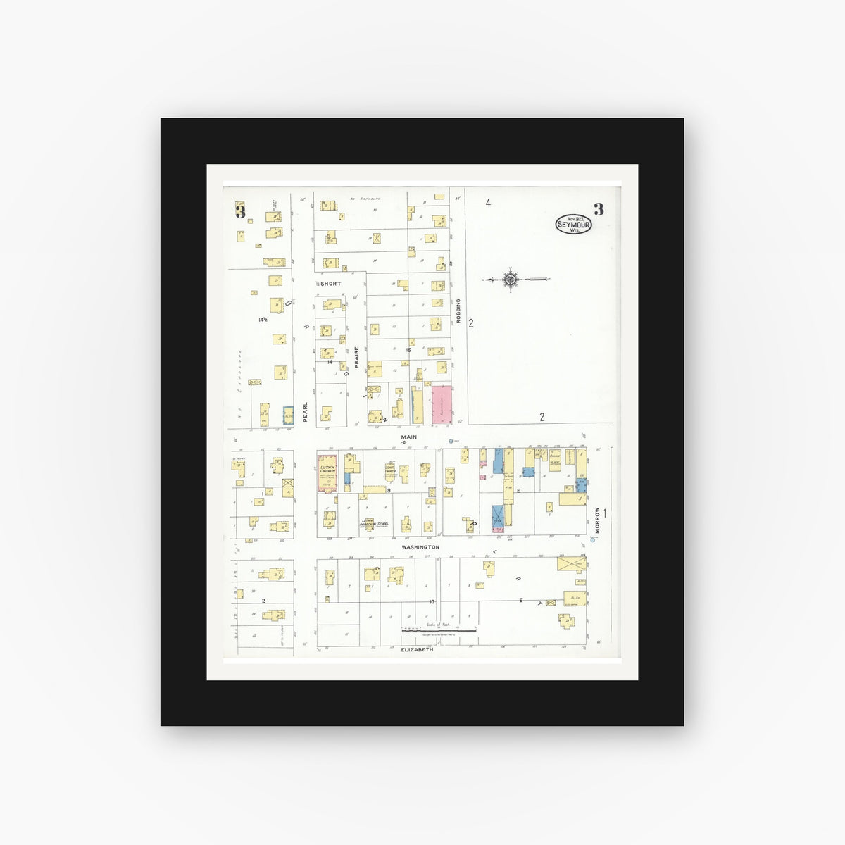 Old map wall art mockup — black gallery frame with white mat — Sanborn Fire Insurance Map from Seymour, Outagamie County, Wisconsin (1923), Sheet #0003