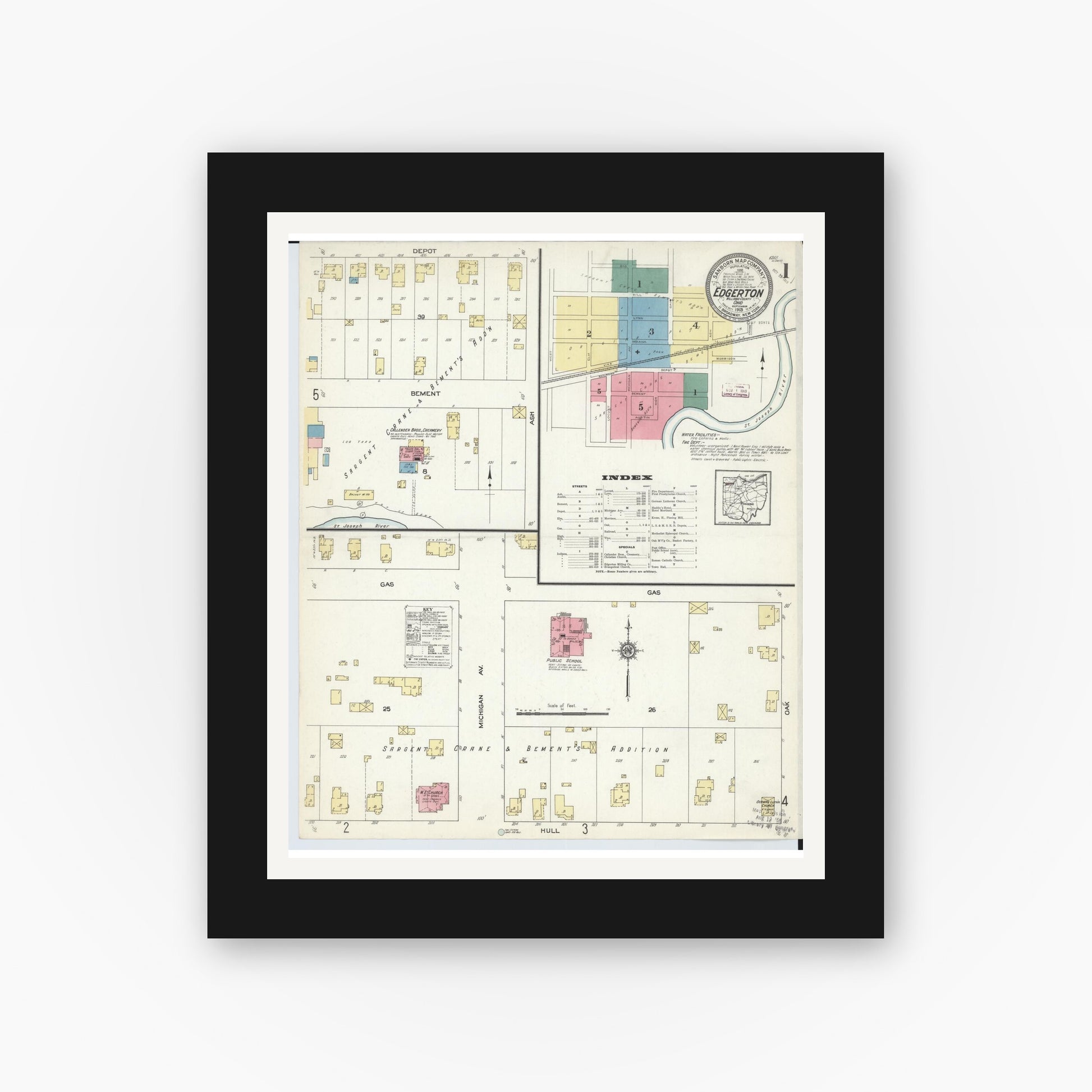 Old map wall art mockup — black gallery frame with white mat — Sanborn Fire Insurance Map from Edgerton, Williams County, Ohio (1913) - Complete Map Set