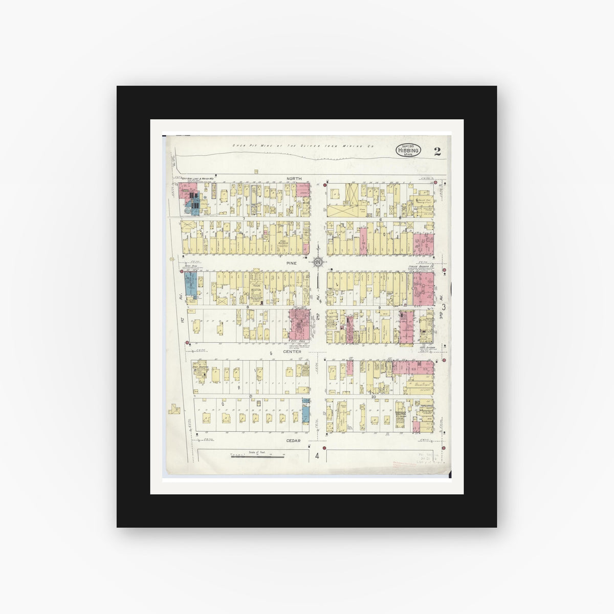 Old map wall art mockup — black gallery frame with white mat — Sanborn Fire Insurance Map from Hibbing, Saint Louis County, Minnesota (1913), Sheet #0002