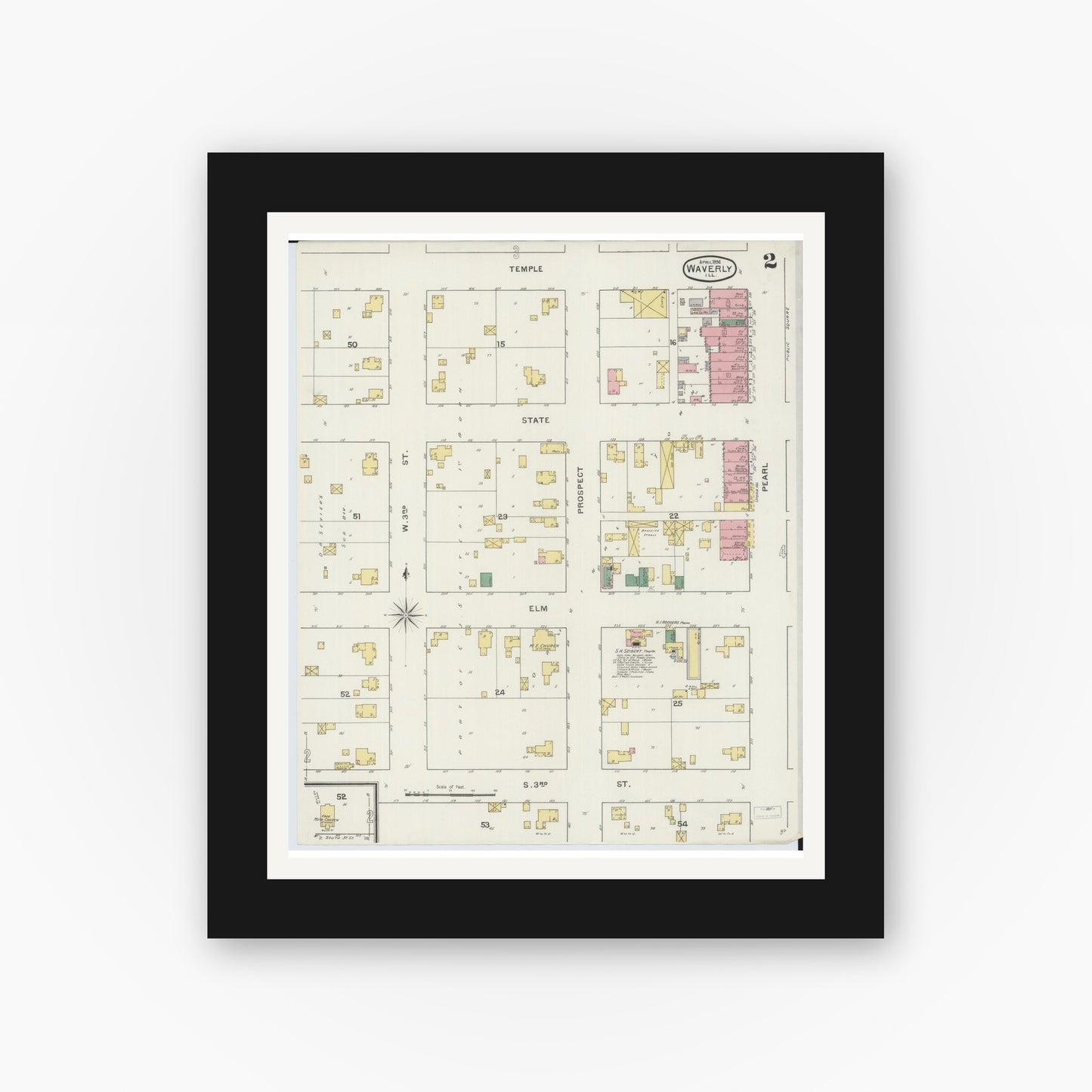 Old map wall art mockup — black gallery frame with white mat — Sanborn Fire Insurance Map from Waverly, Morgan County, Illinois (1894), Sheet #0002