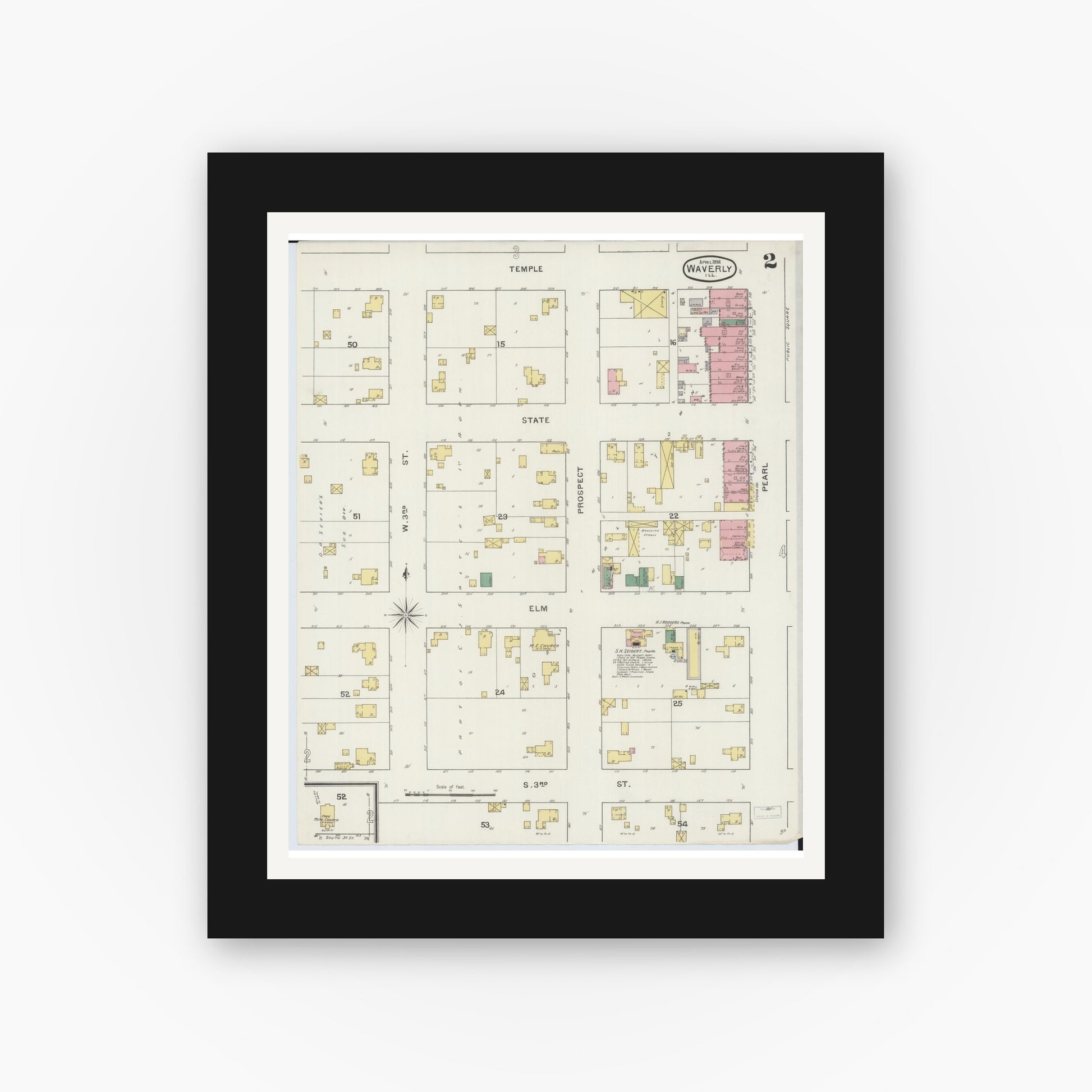 Old map wall art mockup — black gallery frame with white mat — Sanborn Fire Insurance Map from Waverly, Morgan County, Illinois (1894), Sheet #0002
