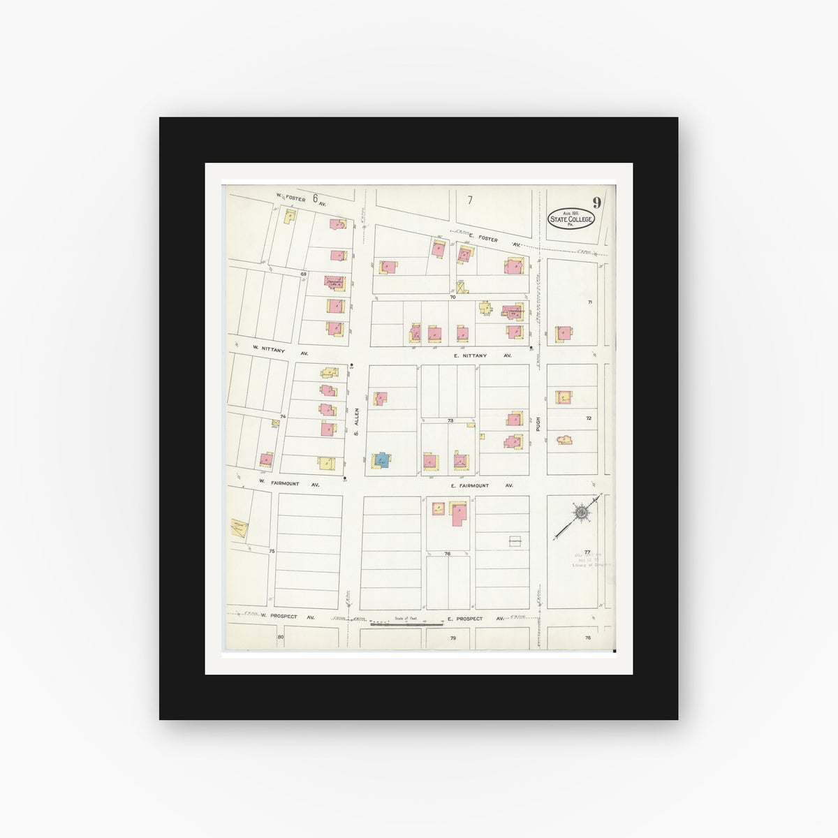 Old map wall art mockup — black gallery frame with white mat — Sanborn Fire Insurance Map from State College, Centre County, Pennsylvania (1911), Sheet #0009