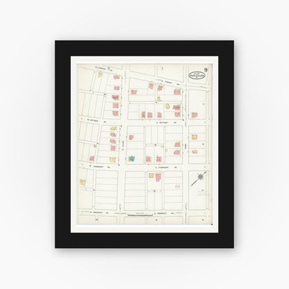 Old map wall art mockup — black gallery frame with white mat — Sanborn Fire Insurance Map from State College, Centre County, Pennsylvania (1911), Sheet #0009