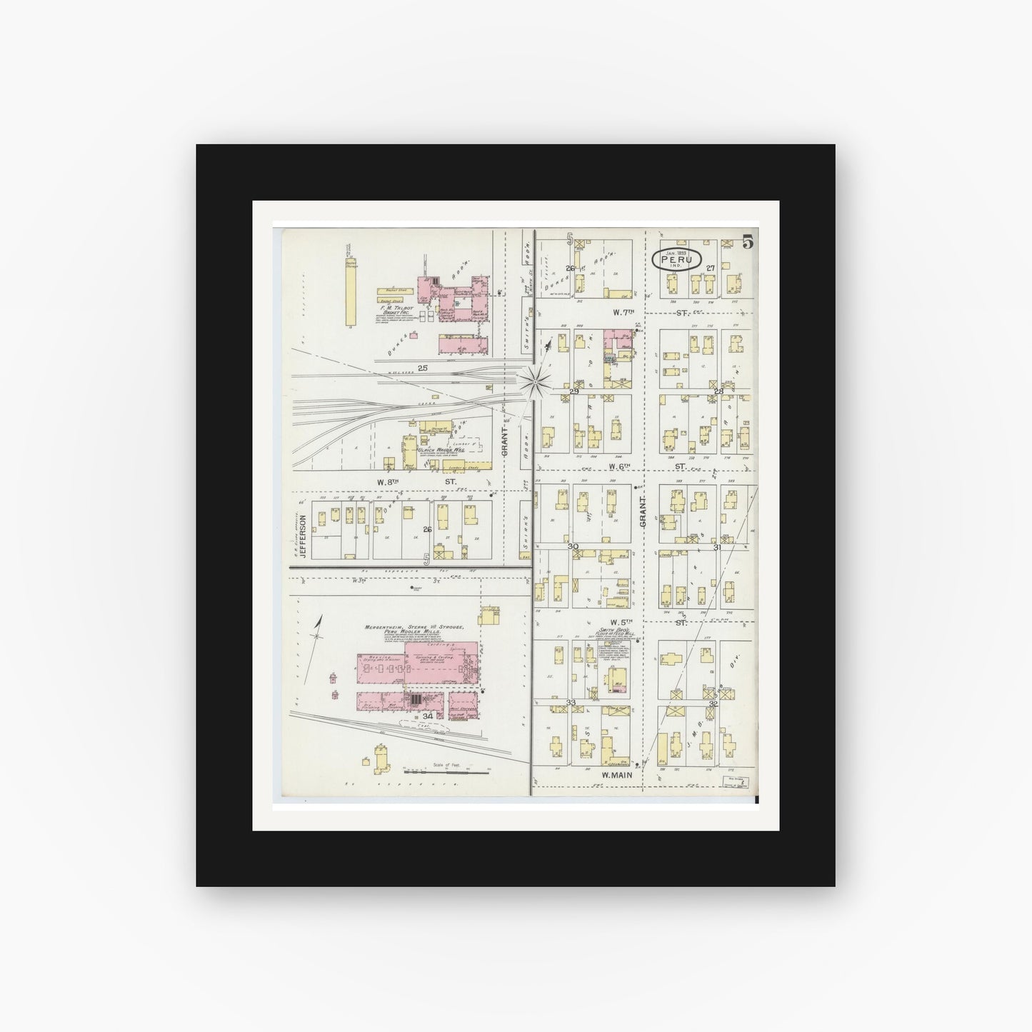 Old map wall art mockup — black gallery frame with white mat — Sanborn Fire Insurance Map from Peru, Miami County, Indiana (1893), Sheet #0005