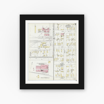 Old map wall art mockup — black gallery frame with white mat — Sanborn Fire Insurance Map from Peru, Miami County, Indiana (1893), Sheet #0005