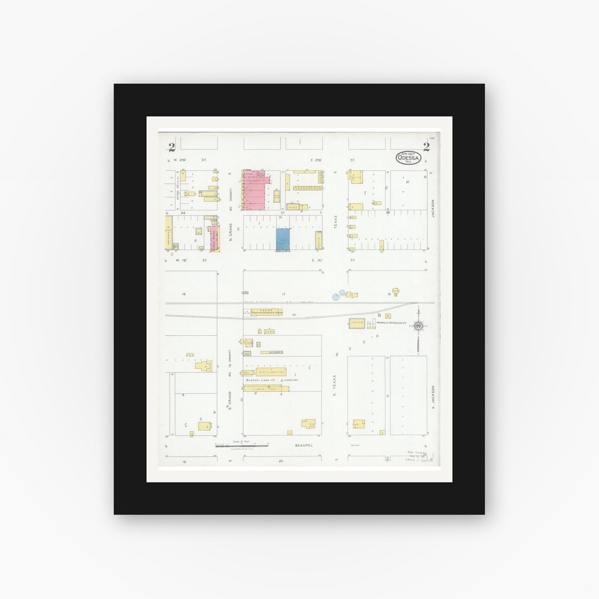 Old map wall art mockup — black gallery frame with white mat — Sanborn Fire Insurance Map from Odessa, Edger County, Texas (1927), Sheet #0002