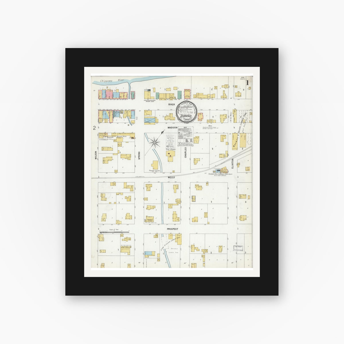 Old map wall art mockup — black gallery frame with white mat — Sanborn Fire Insurance Map from Durand, Pepin County, Wisconsin (1900) - Complete Map Set