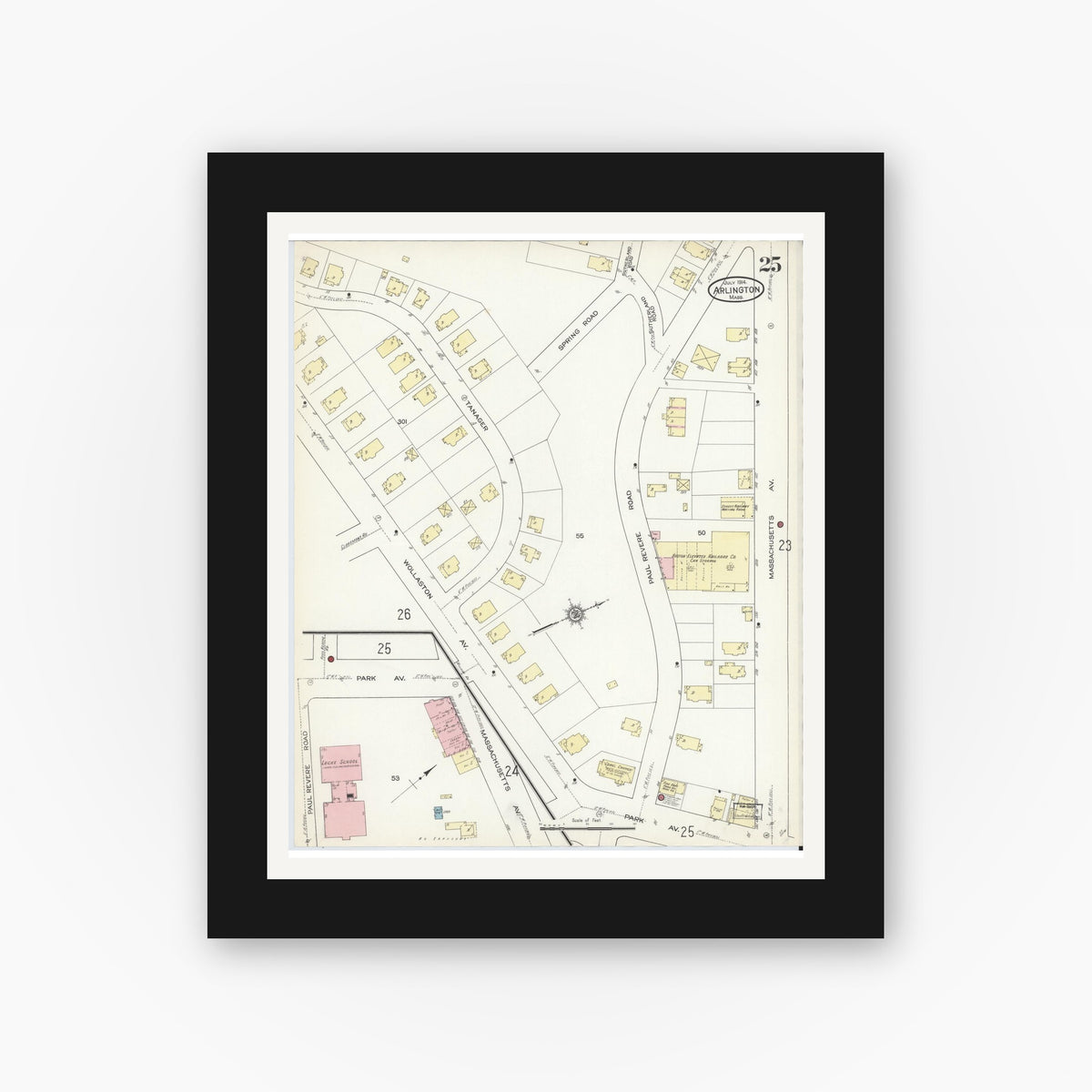 Old map wall art mockup — black gallery frame with white mat — Sanborn Fire Insurance Map from Arlington, Middlesex County, Massachusetts (1914), Sheet #0025