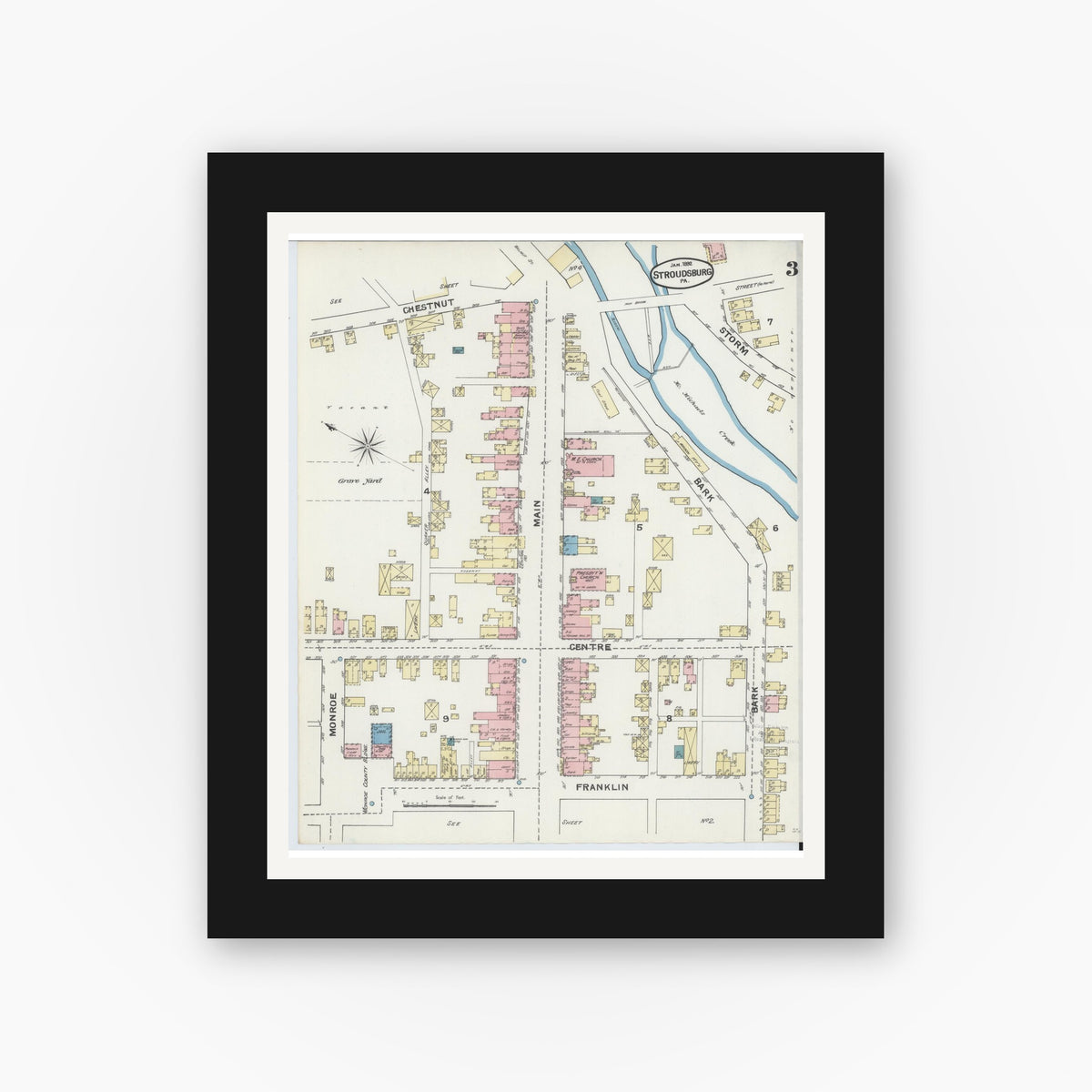 Old map wall art mockup — black gallery frame with white mat — Sanborn Fire Insurance Map from Stroudsburg, Monroe County, Pennsylvania (1892), Sheet #0003