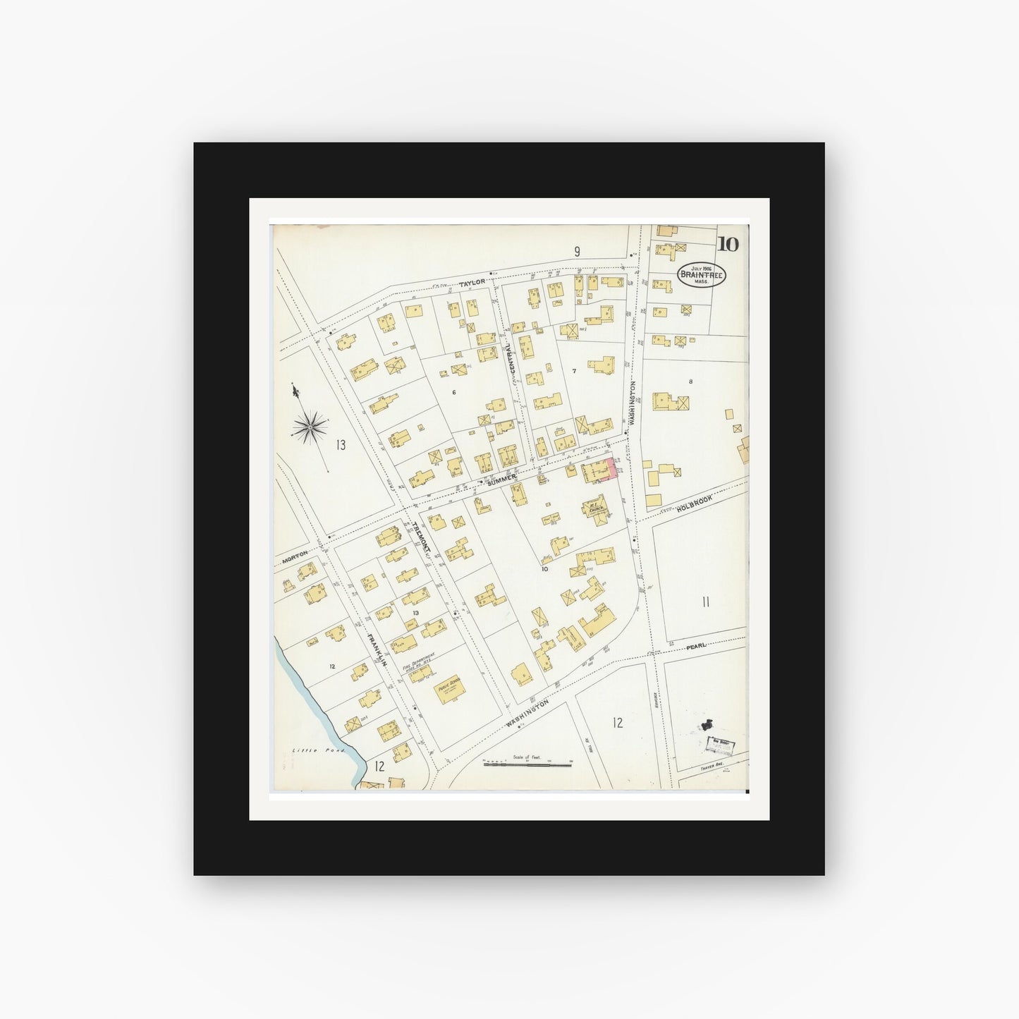 Old map wall art mockup — black gallery frame with white mat — Sanborn Fire Insurance Map from Braintree, Norfolk County, Massachusetts (1906), Sheet #0010