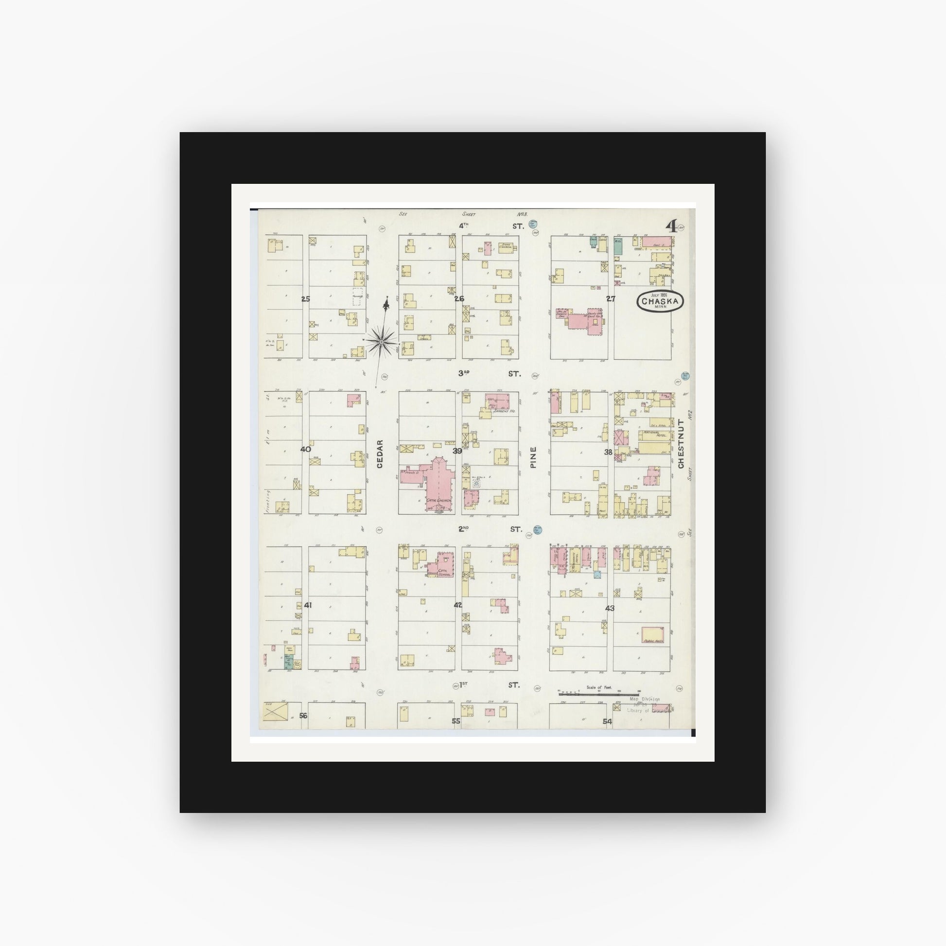 Old map wall art mockup — black gallery frame with white mat — Sanborn Fire Insurance Map from Chaska, Carver County, Minnesota (1891), Sheet #0004